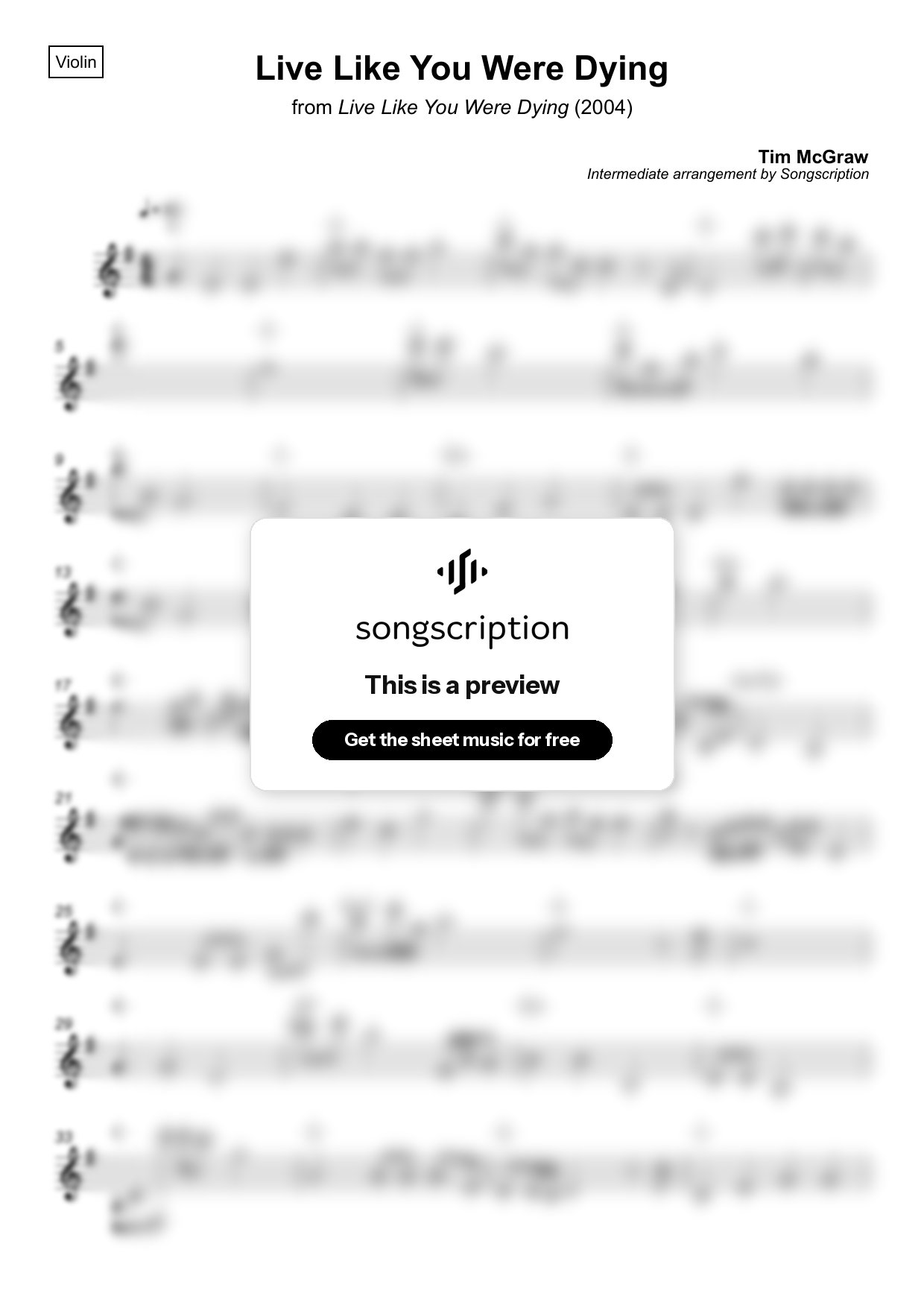 Intermediate Violin Sheet Music for "Live Like You Were Dying" by Tim McGraw