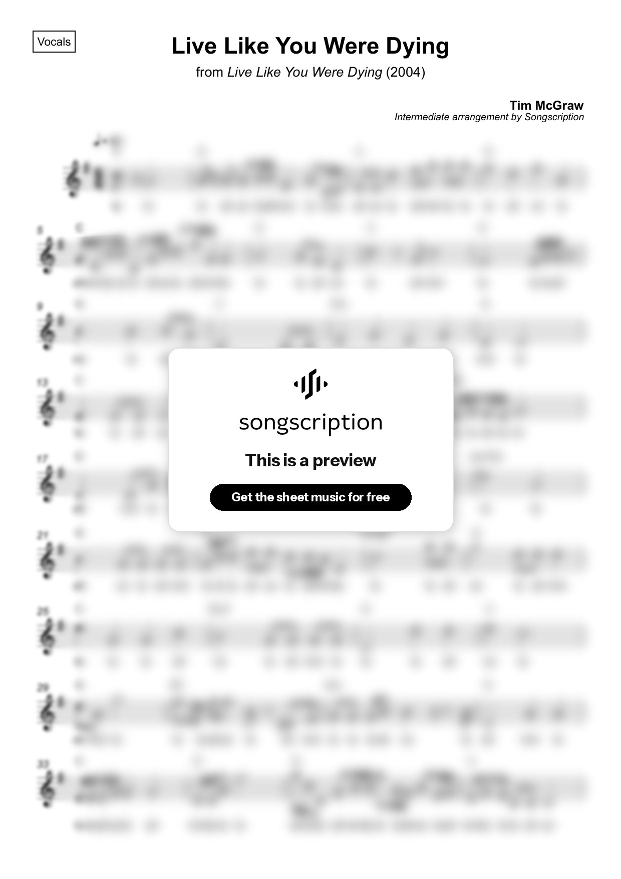 Intermediate Vocals Sheet Music for "Live Like You Were Dying" by Tim McGraw