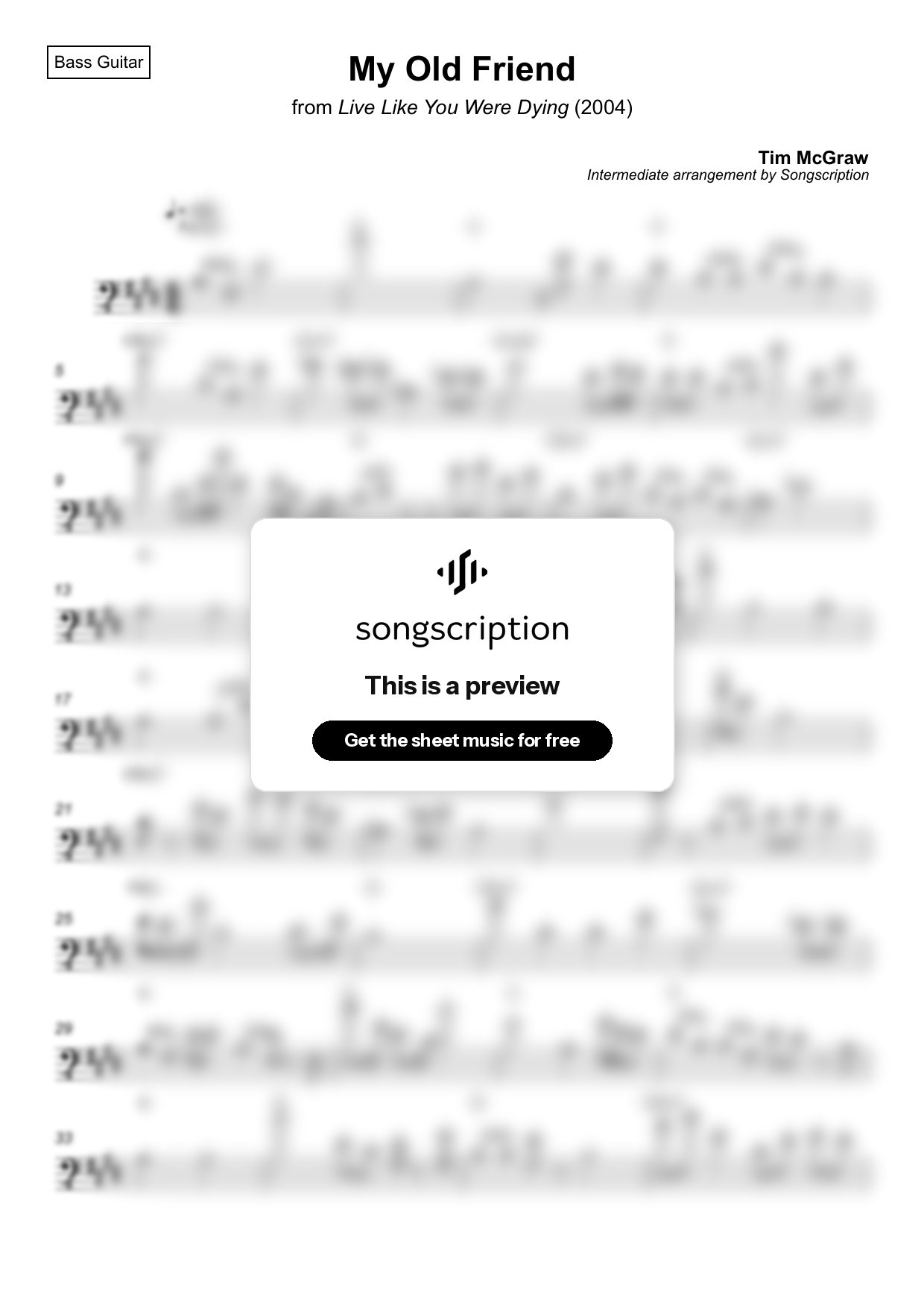 Intermediate Bass Guitar Sheet Music for "My Old Friend" by Tim McGraw