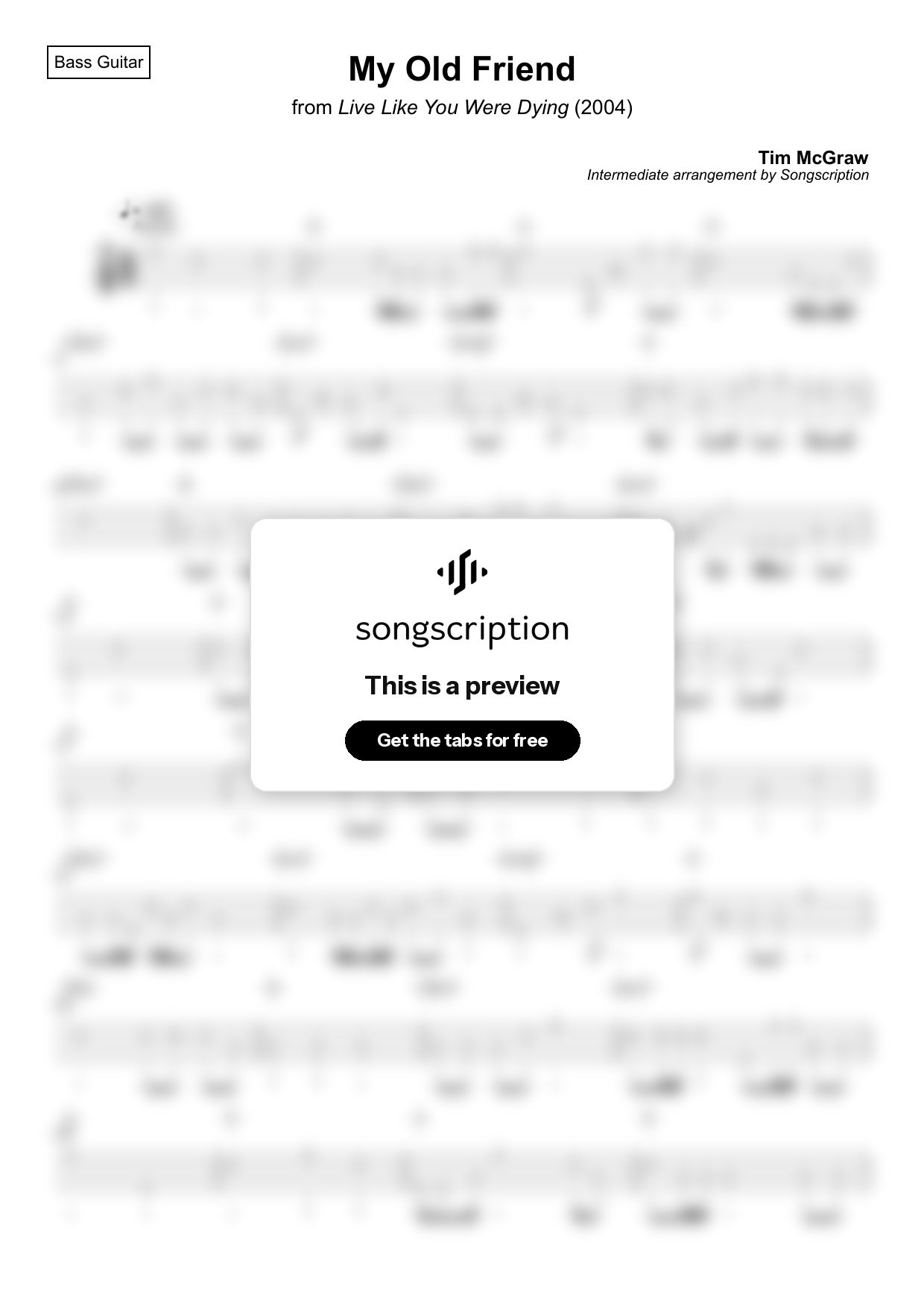 Intermediate Bass Guitar Tabs for "My Old Friend" by Tim McGraw