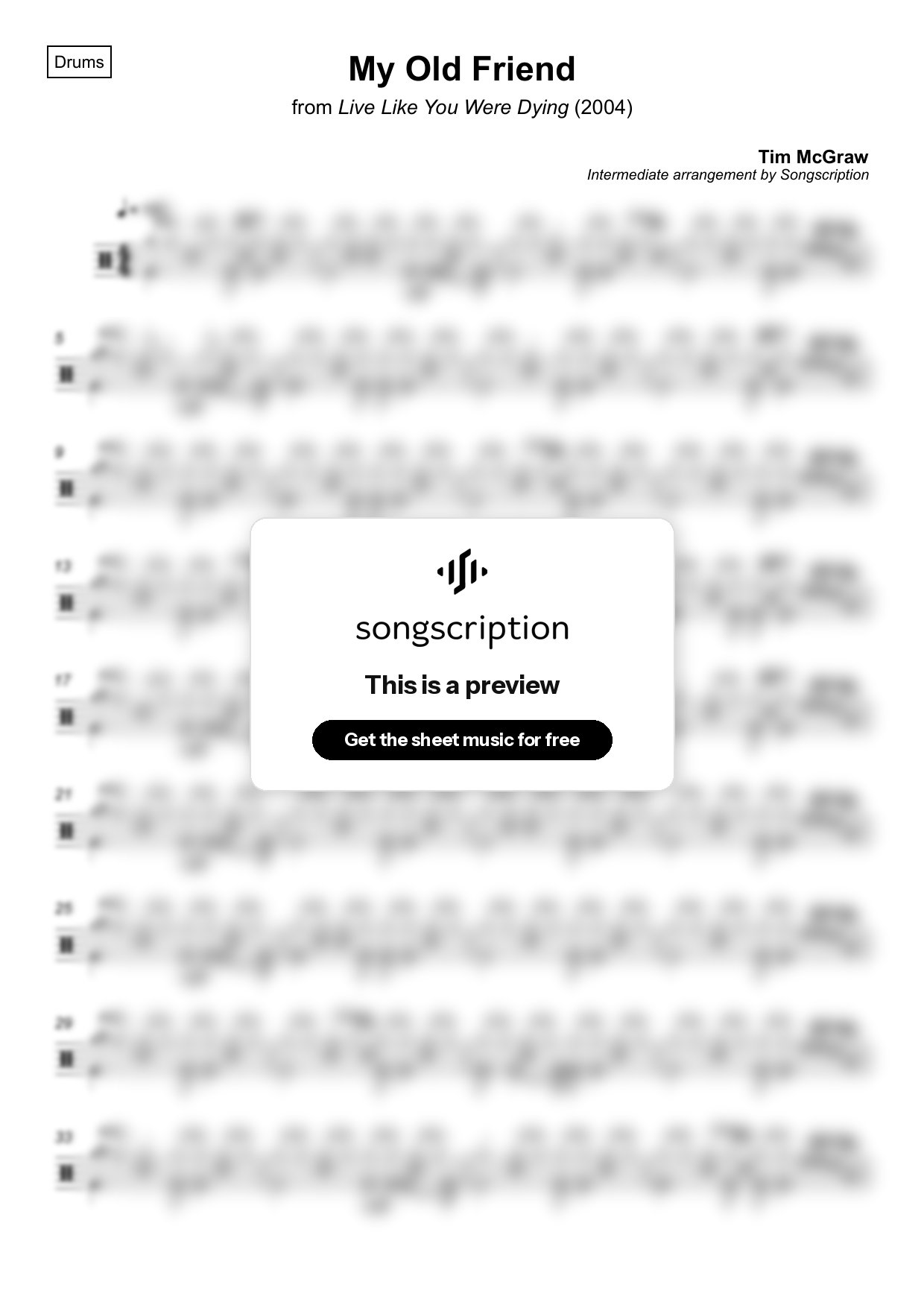 Intermediate Drums Sheet Music for "My Old Friend" by Tim McGraw