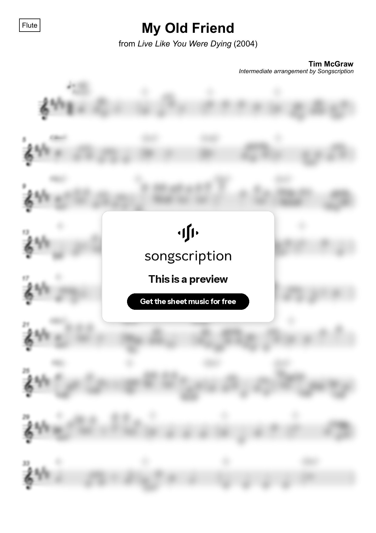 Intermediate Flute Sheet Music for "My Old Friend" by Tim McGraw