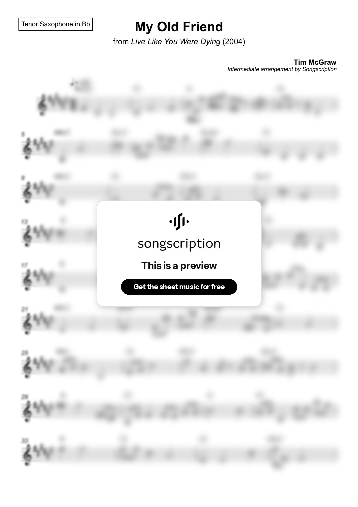 Intermediate Tenor Sax Sheet Music for "My Old Friend" by Tim McGraw