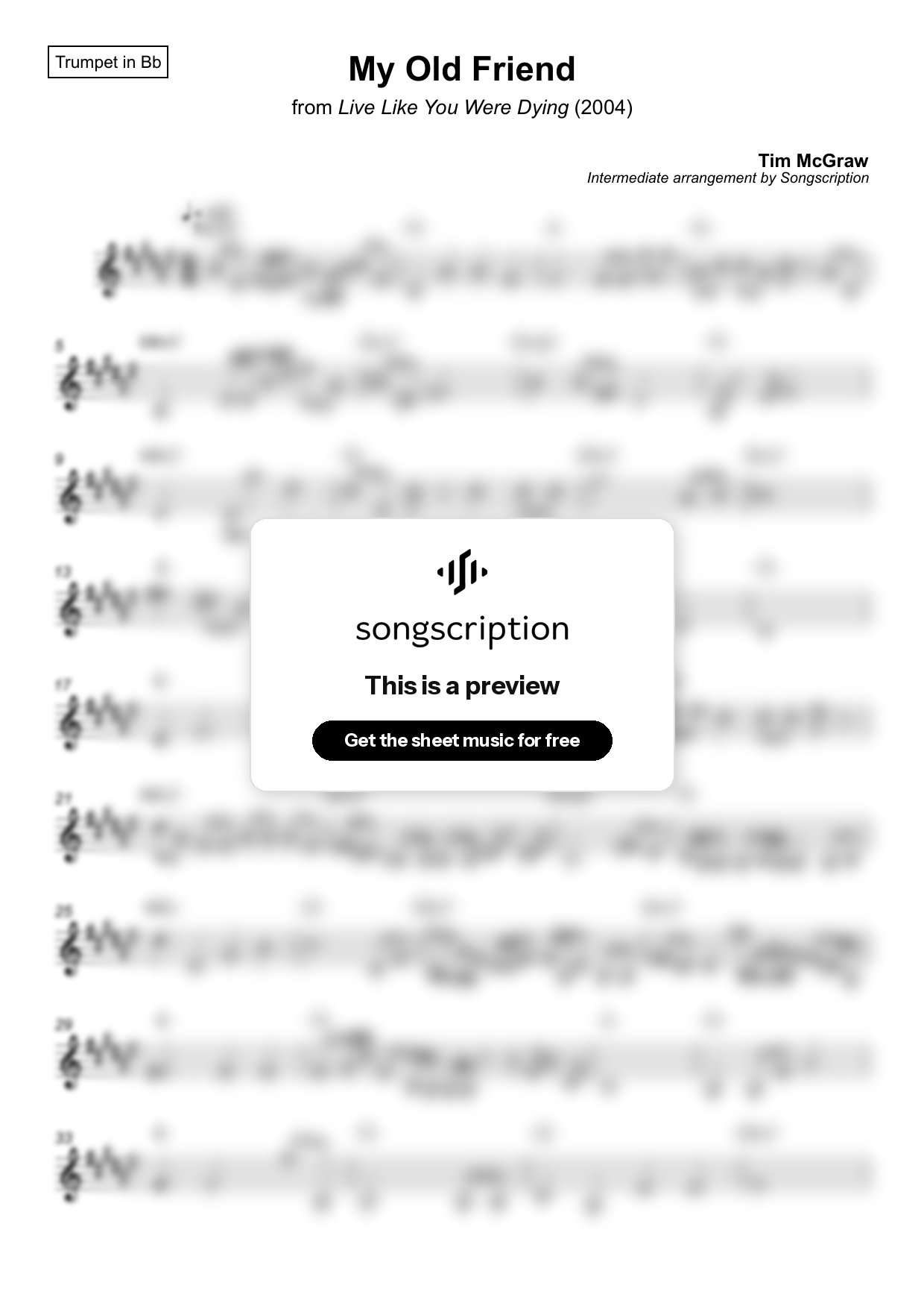 Intermediate Trumpet Sheet Music for "My Old Friend" by Tim McGraw