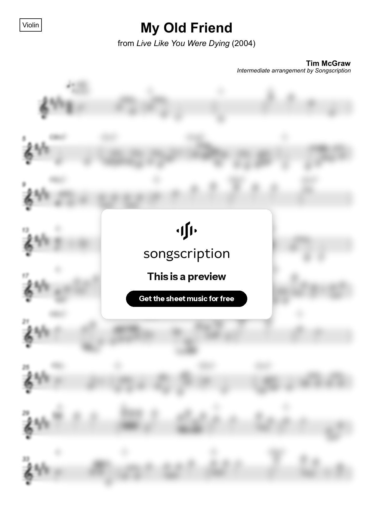 Intermediate Violin Sheet Music for "My Old Friend" by Tim McGraw