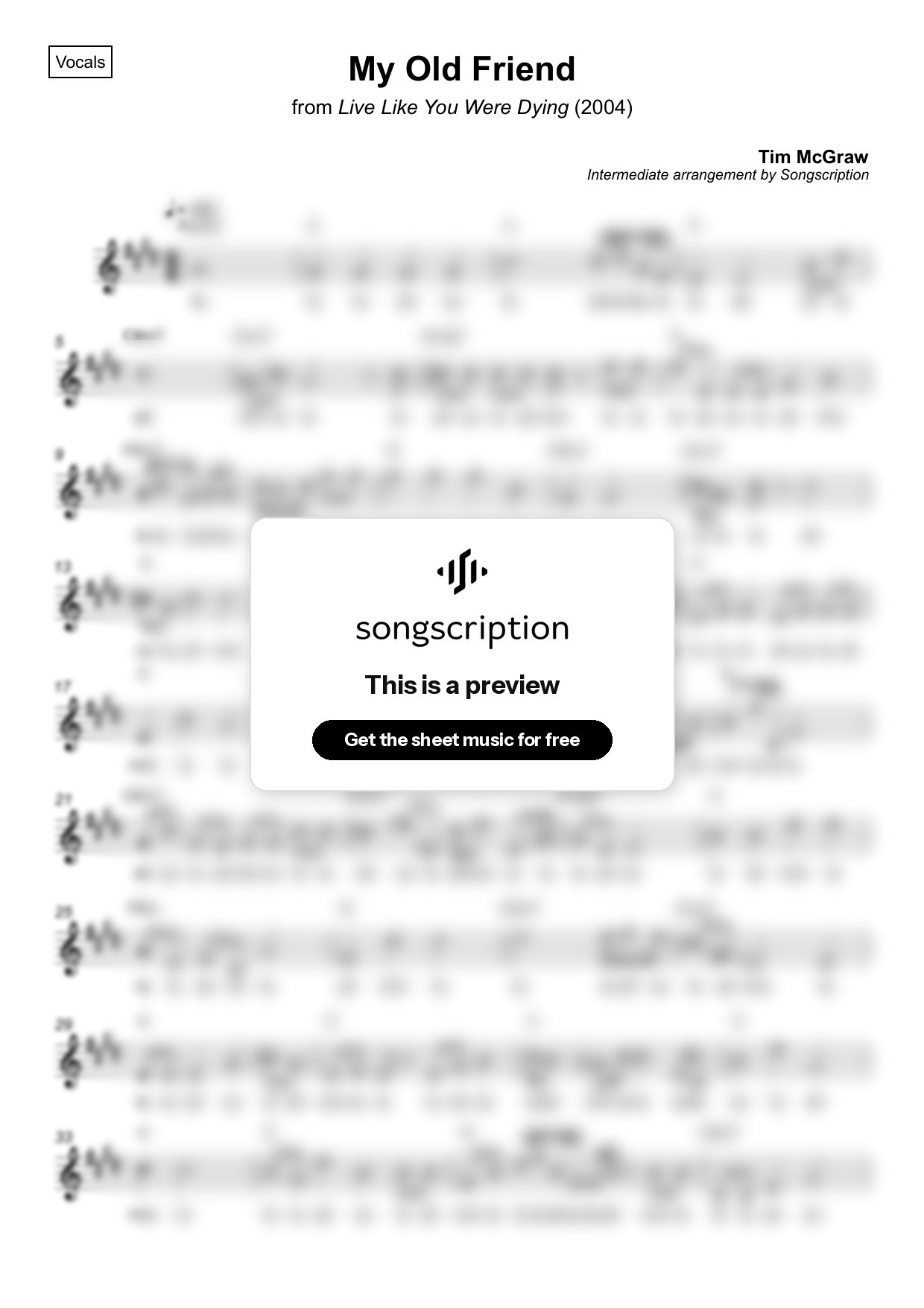 Intermediate Vocals Sheet Music for "My Old Friend" by Tim McGraw