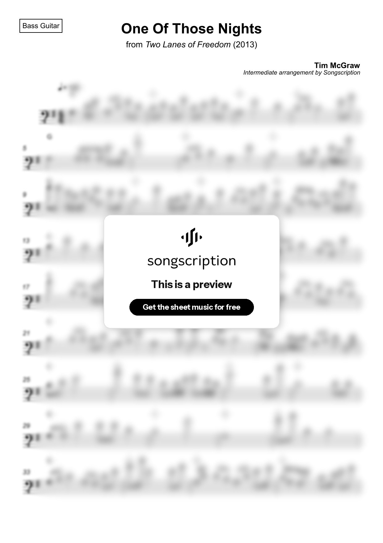 Intermediate Bass Guitar Sheet Music for "One Of Those Nights" by Tim McGraw