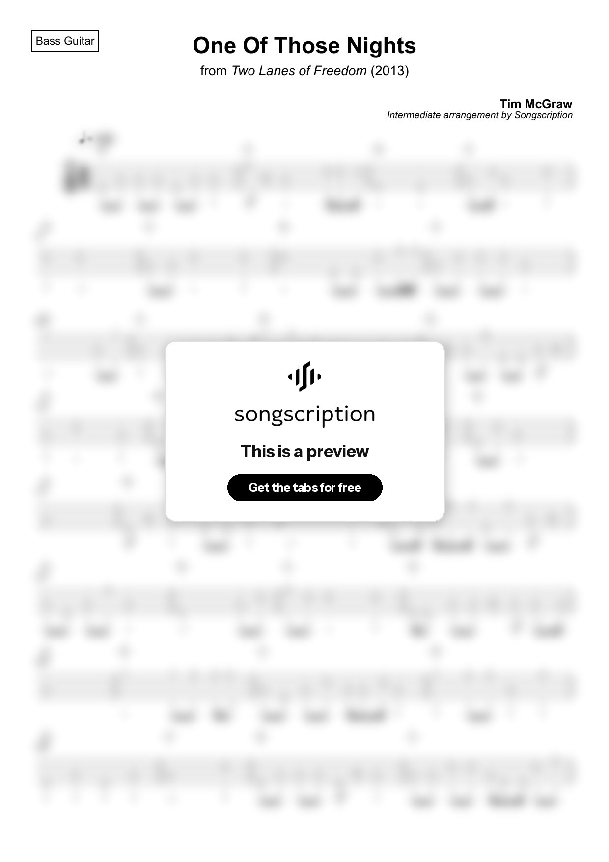 Intermediate Bass Guitar Tabs for "One Of Those Nights" by Tim McGraw