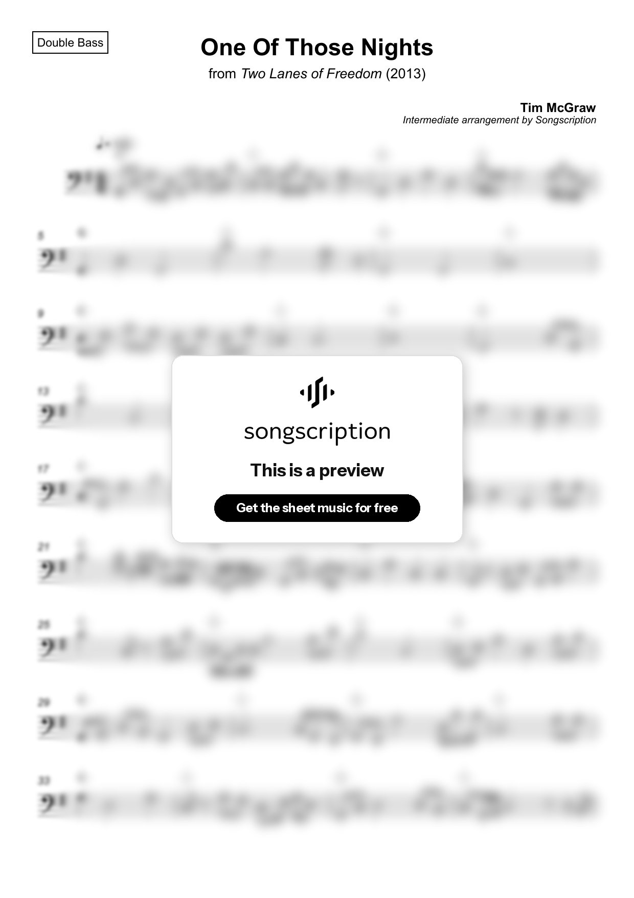Intermediate Double Bass Sheet Music for "One Of Those Nights" by Tim McGraw