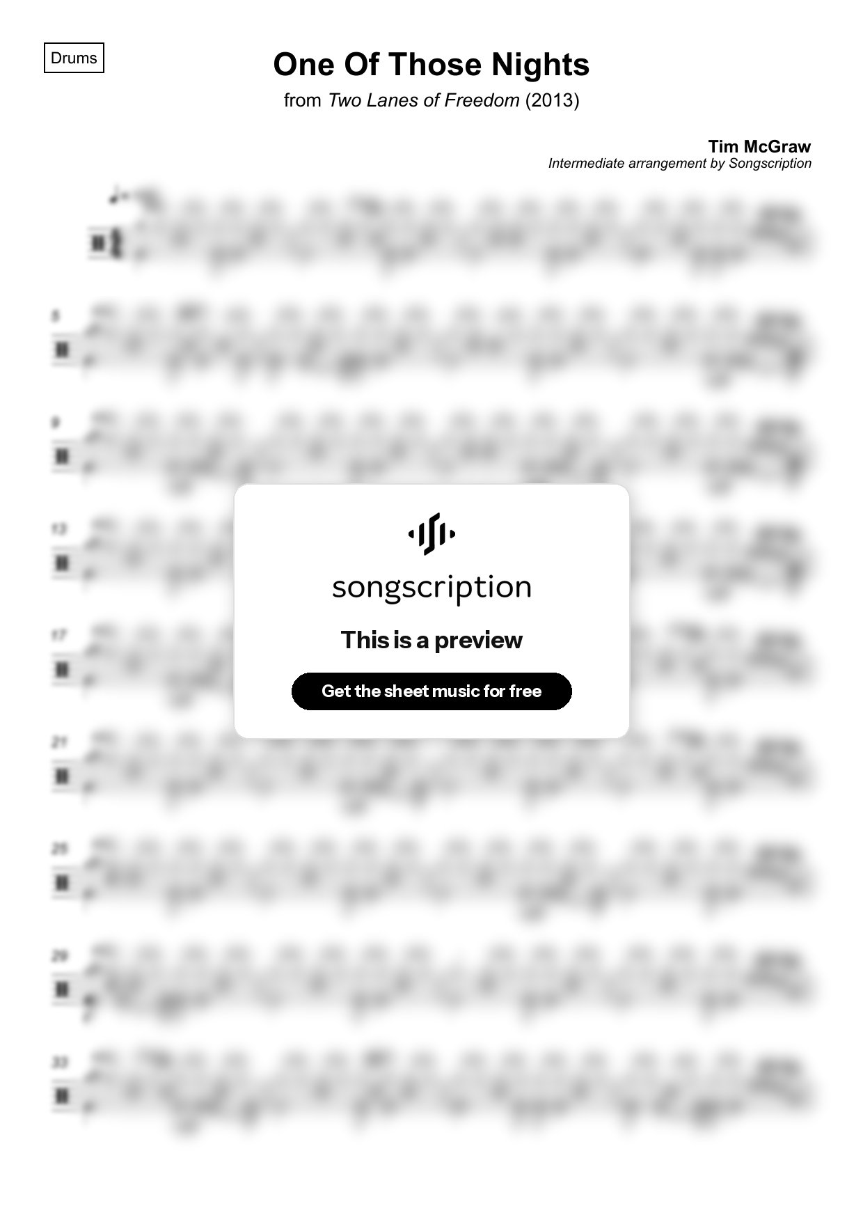 Intermediate Drums Sheet Music for "One Of Those Nights" by Tim McGraw