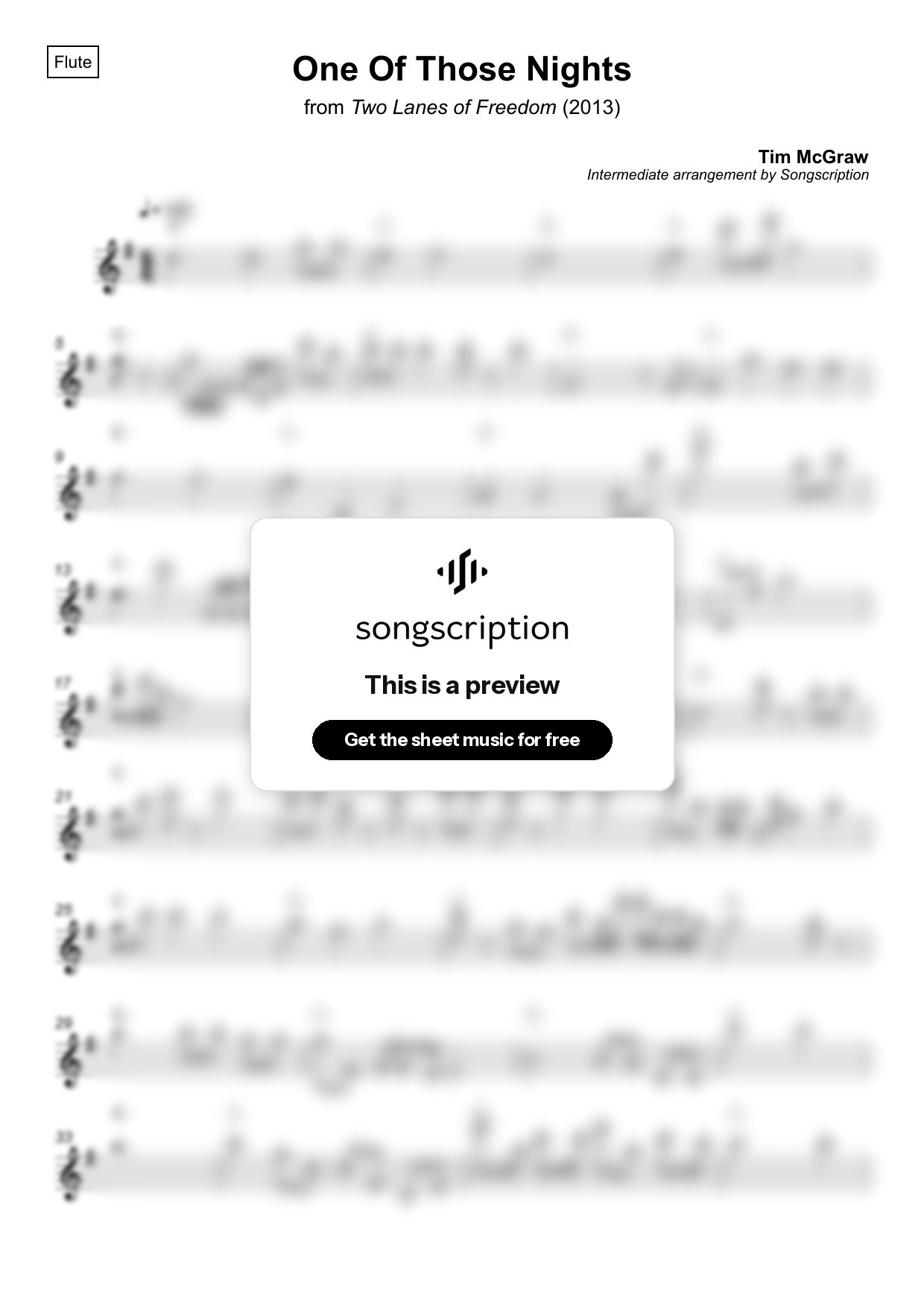 Intermediate Flute Sheet Music for "One Of Those Nights" by Tim McGraw