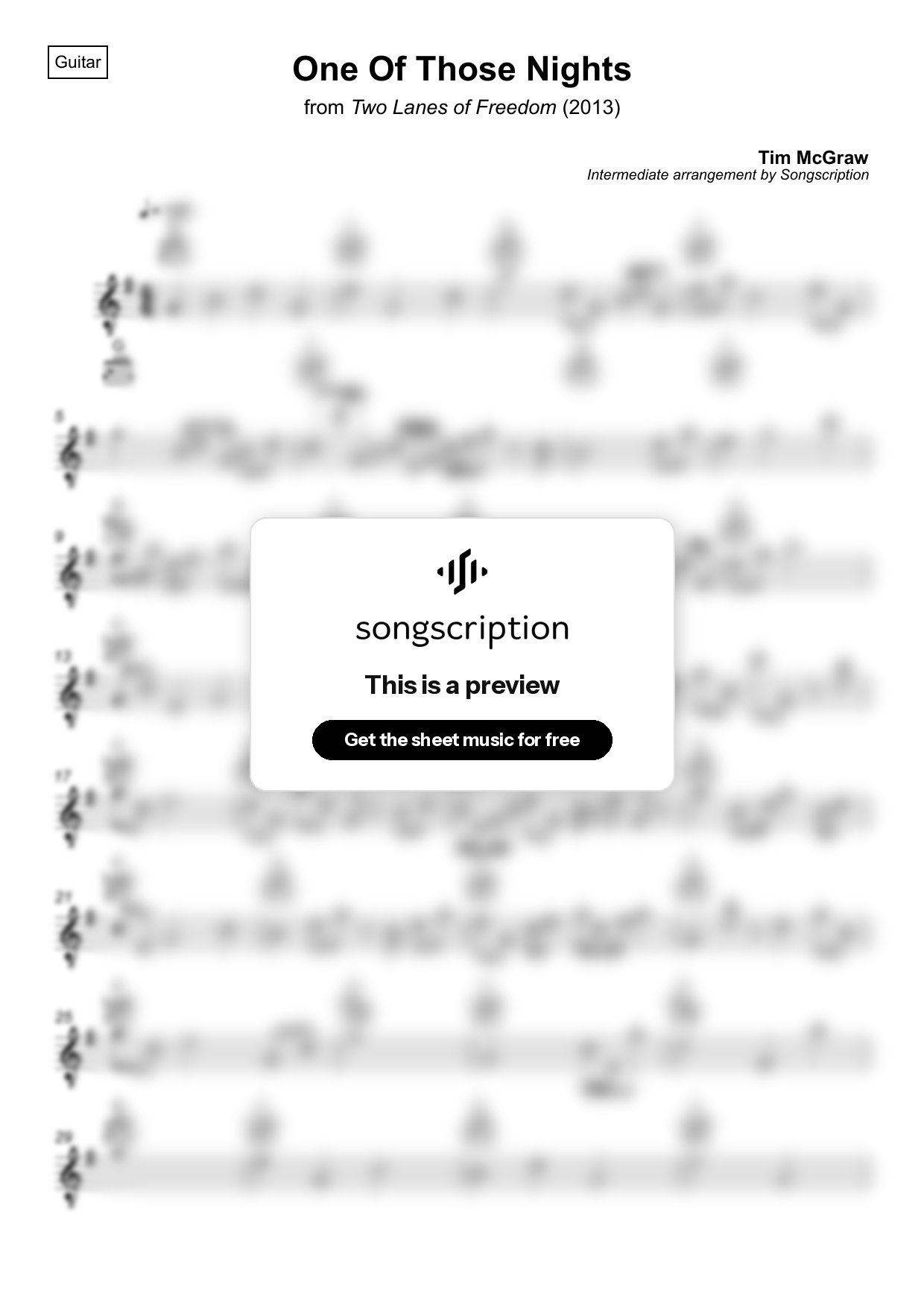 Intermediate Acoustic Guitar Sheet Music for "One Of Those Nights" by Tim McGraw