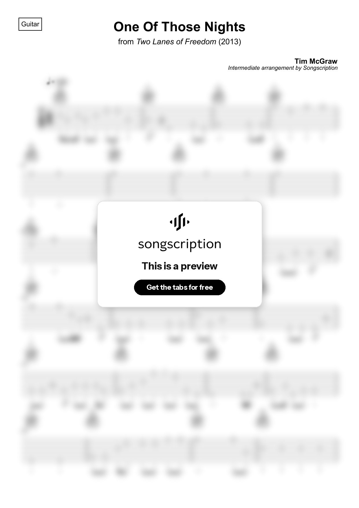Intermediate Acoustic Guitar Tabs for "One Of Those Nights" by Tim McGraw