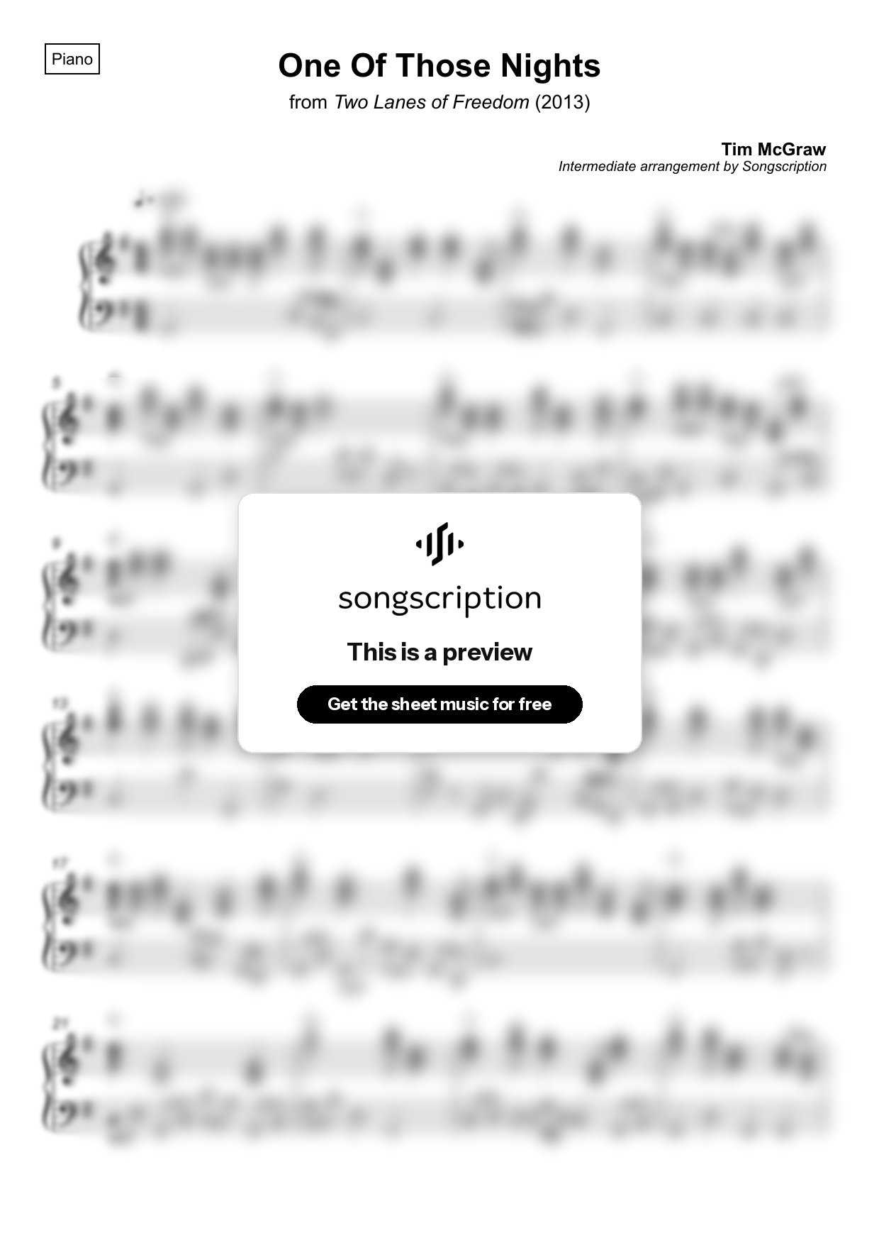 Intermediate Piano Sheet Music for "One Of Those Nights" by Tim McGraw