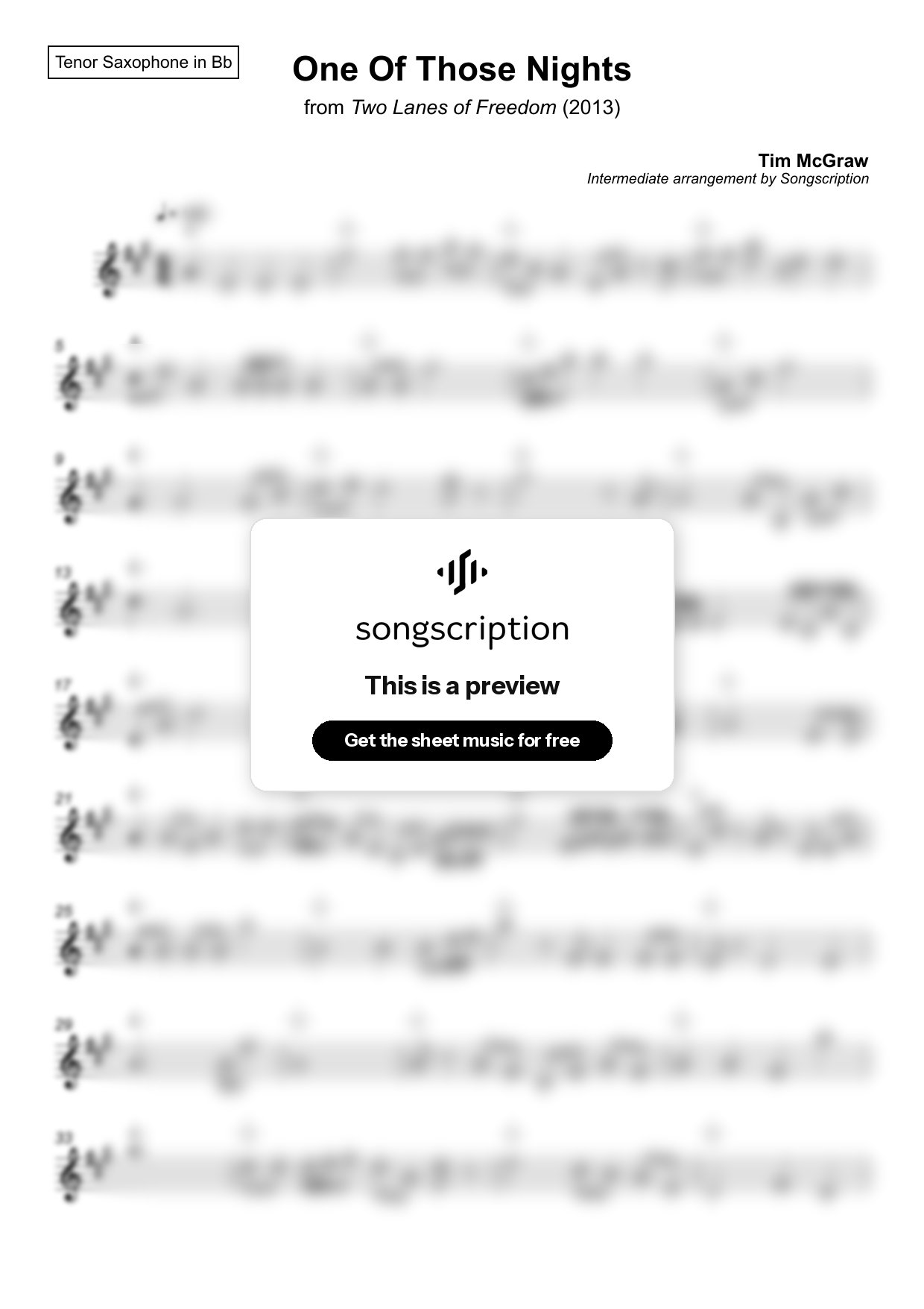 Intermediate Tenor Sax Sheet Music for "One Of Those Nights" by Tim McGraw