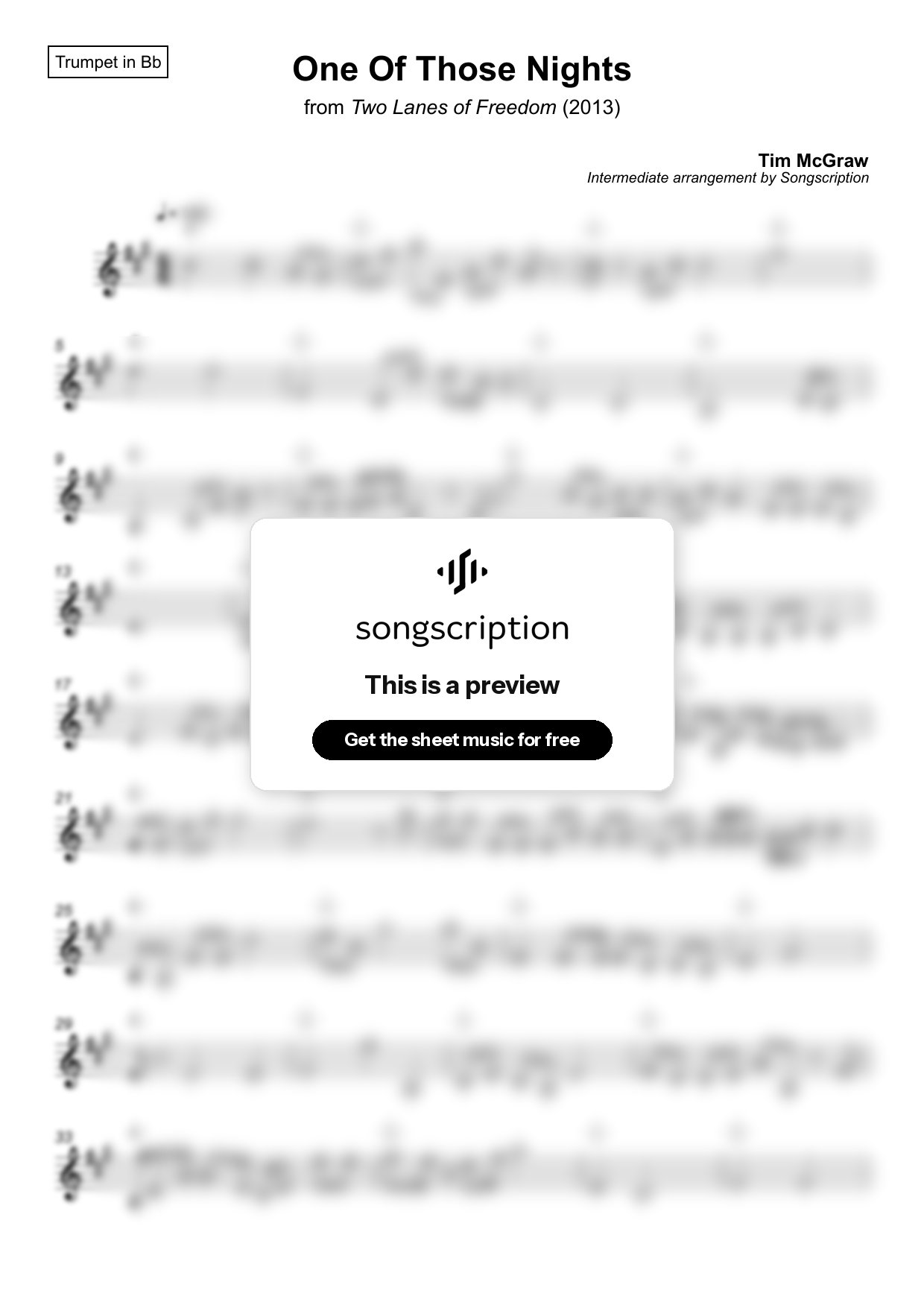 Intermediate Trumpet Sheet Music for "One Of Those Nights" by Tim McGraw