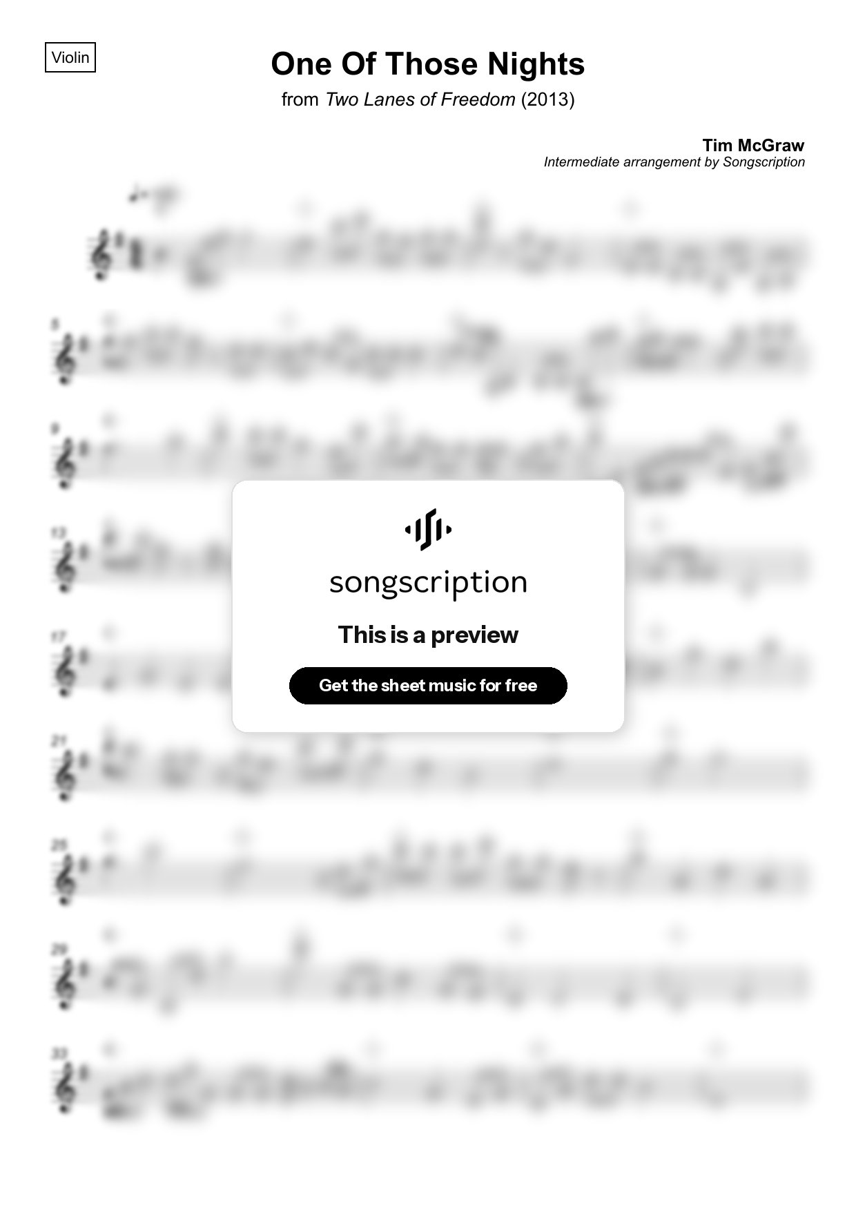 Intermediate Violin Sheet Music for "One Of Those Nights" by Tim McGraw