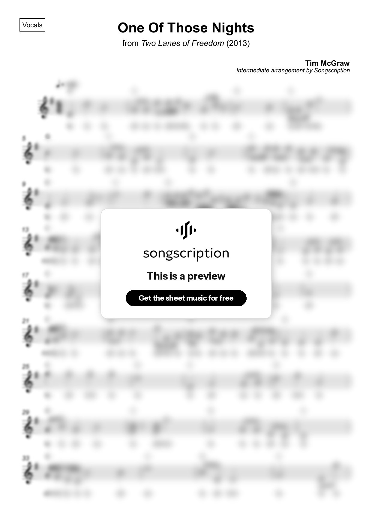 Intermediate Vocals Sheet Music for "One Of Those Nights" by Tim McGraw