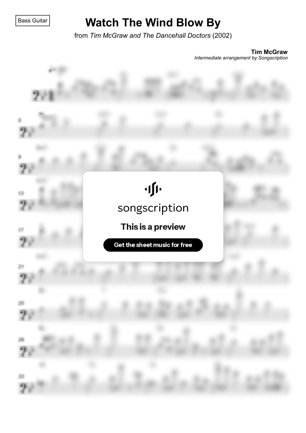 Intermediate Bass Guitar Sheet Music for "Watch The Wind Blow By" by Tim McGraw