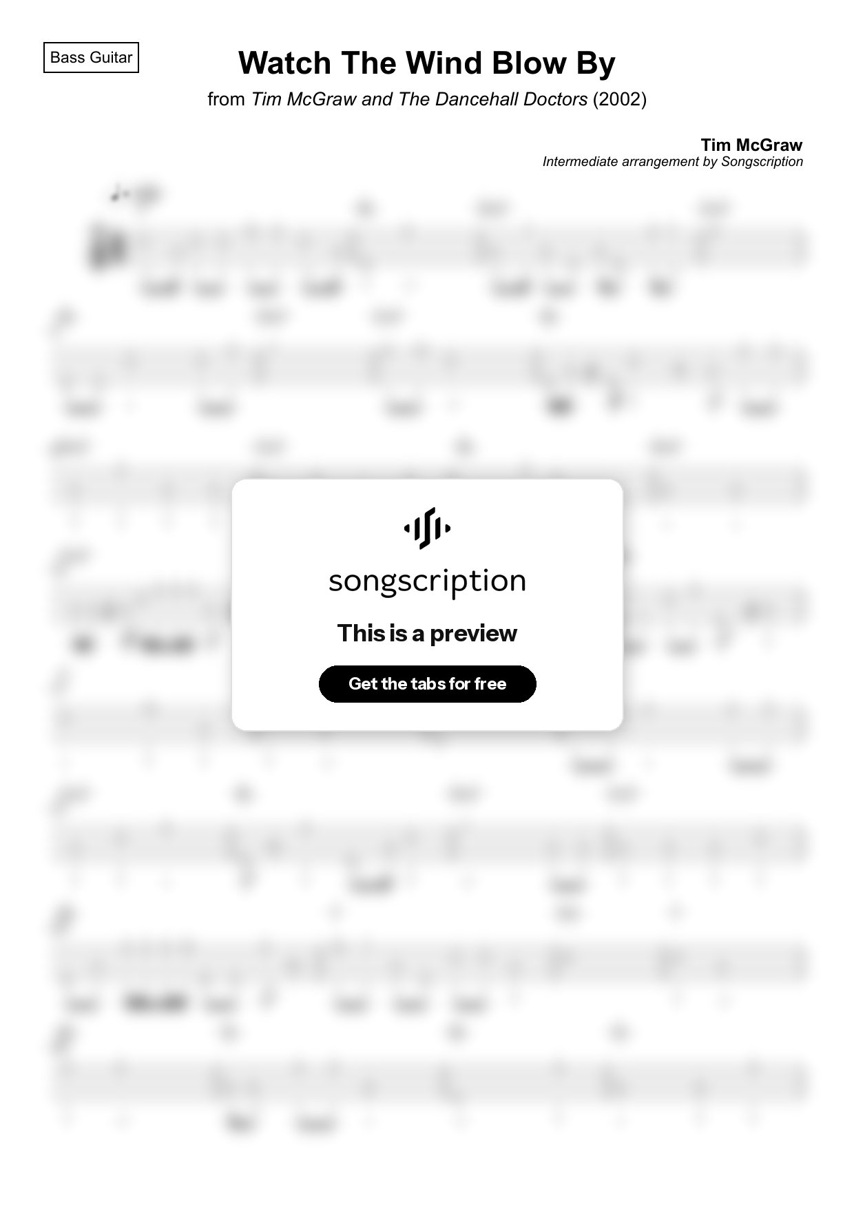 Intermediate Bass Guitar Tabs for "Watch The Wind Blow By" by Tim McGraw