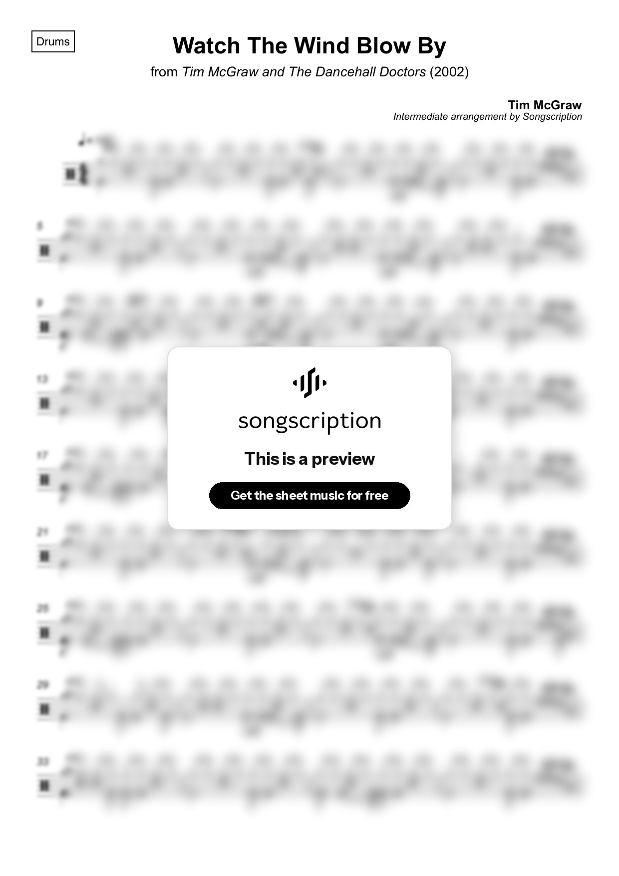 Intermediate Drums Sheet Music for "Watch The Wind Blow By" by Tim McGraw