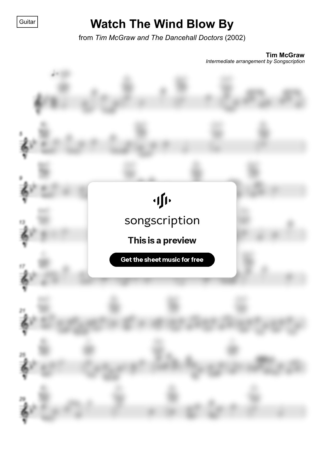 Intermediate Acoustic Guitar Sheet Music for "Watch The Wind Blow By" by Tim McGraw