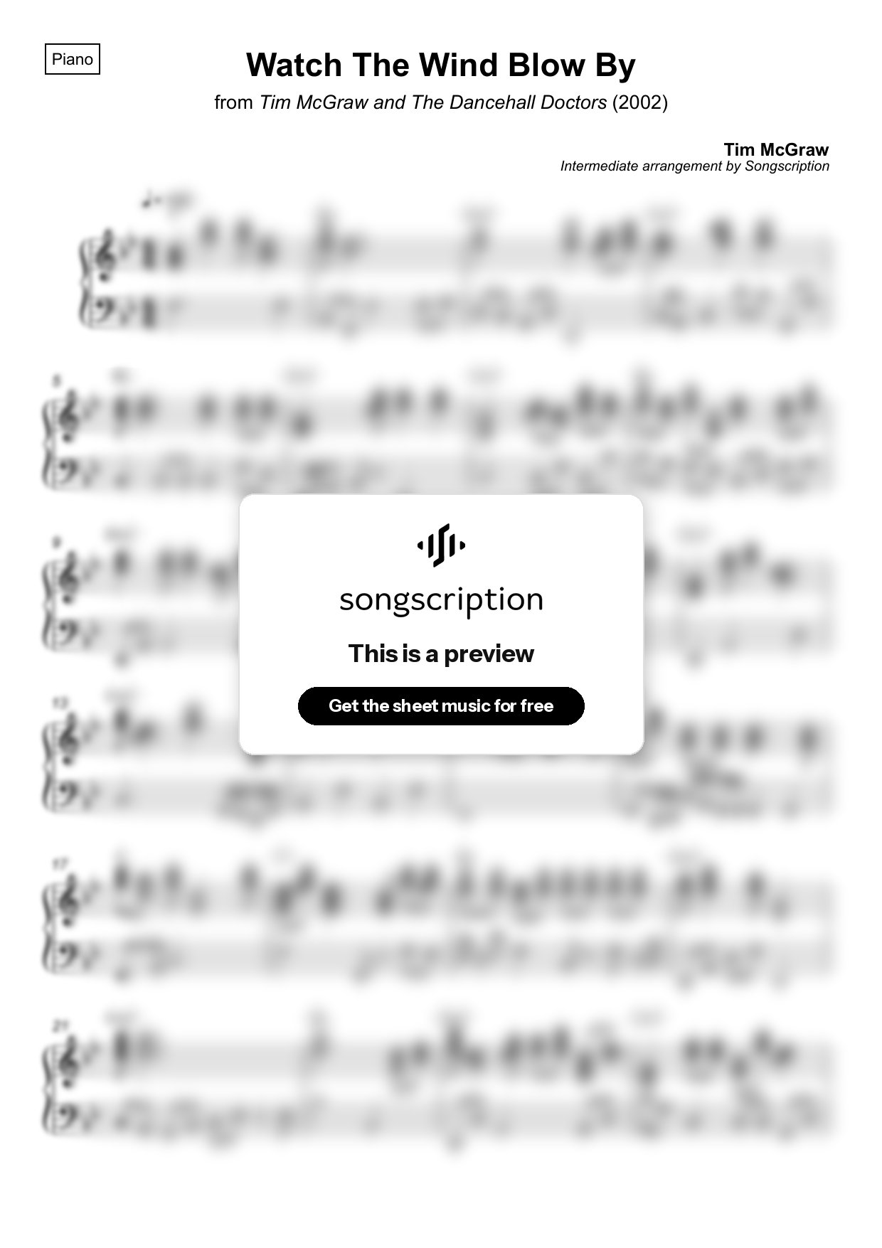 Intermediate Piano Sheet Music for "Watch The Wind Blow By" by Tim McGraw