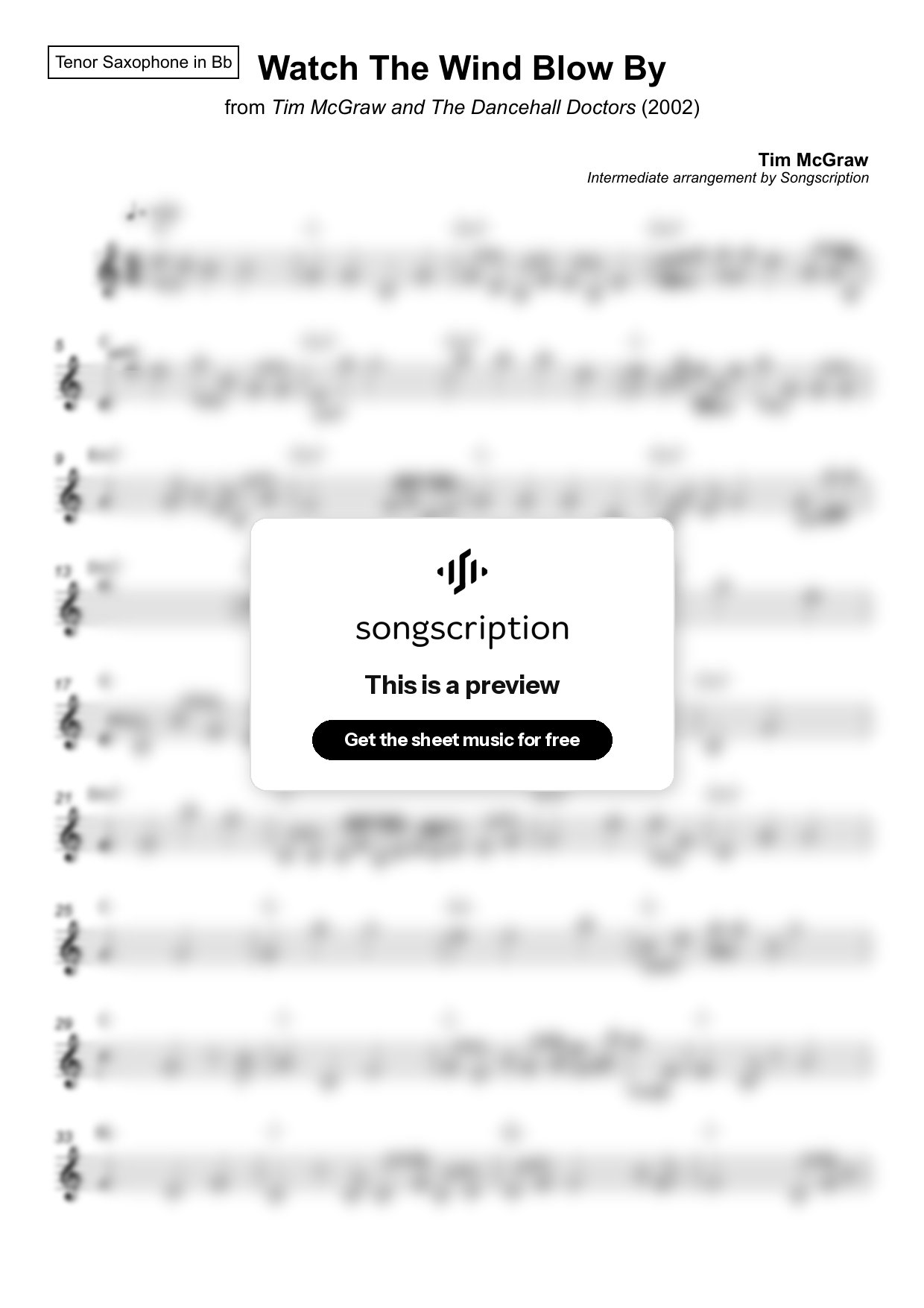 Intermediate Tenor Sax Sheet Music for "Watch The Wind Blow By" by Tim McGraw