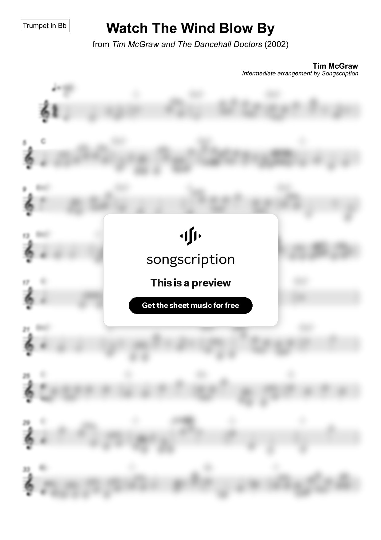 Intermediate Trumpet Sheet Music for "Watch The Wind Blow By" by Tim McGraw