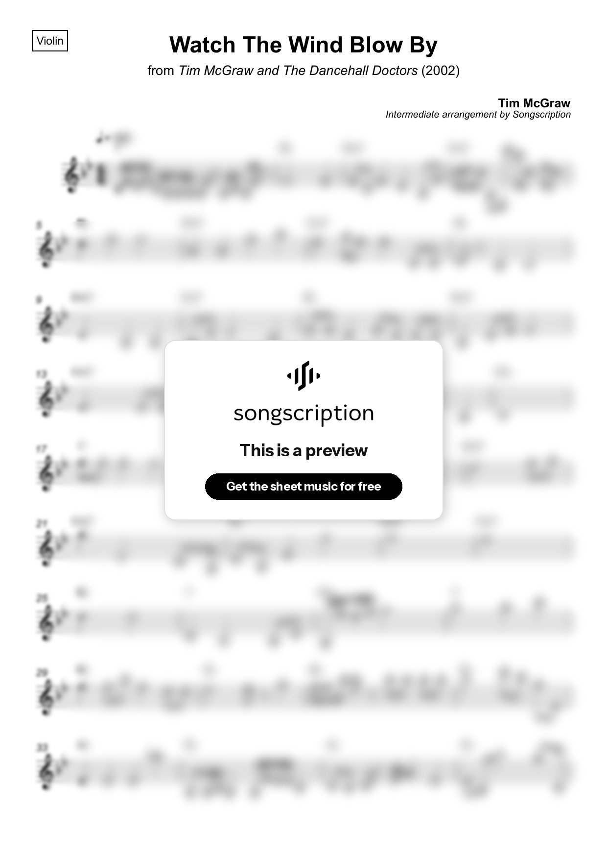 Intermediate Violin Sheet Music for "Watch The Wind Blow By" by Tim McGraw