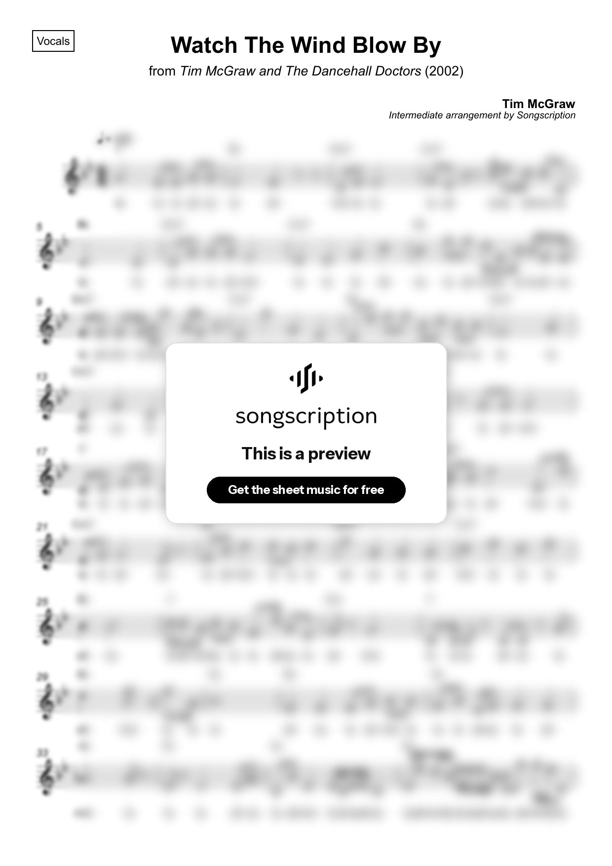 Intermediate Vocals Sheet Music for "Watch The Wind Blow By" by Tim McGraw