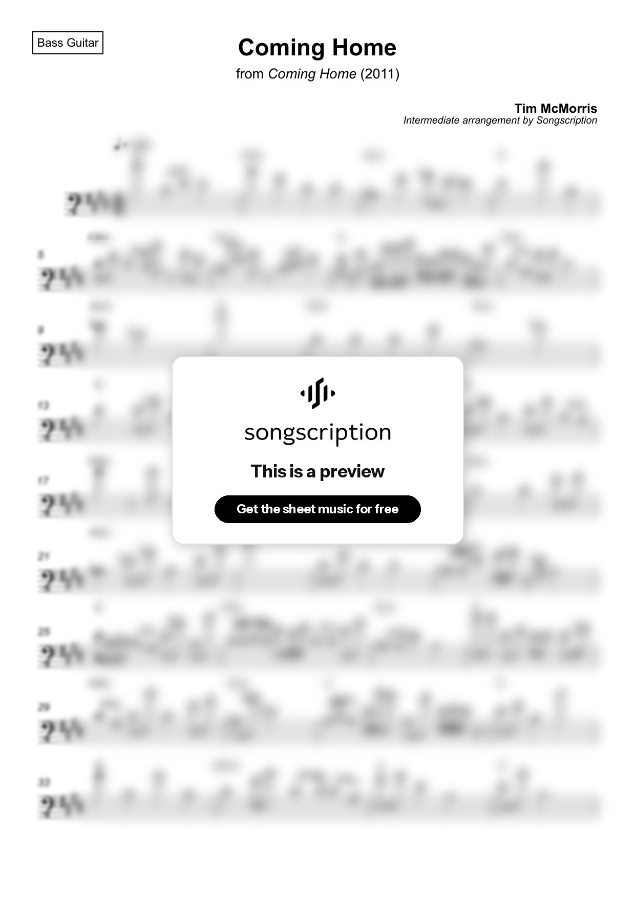 Intermediate Bass Guitar Sheet Music for "Coming Home" by Tim McMorris