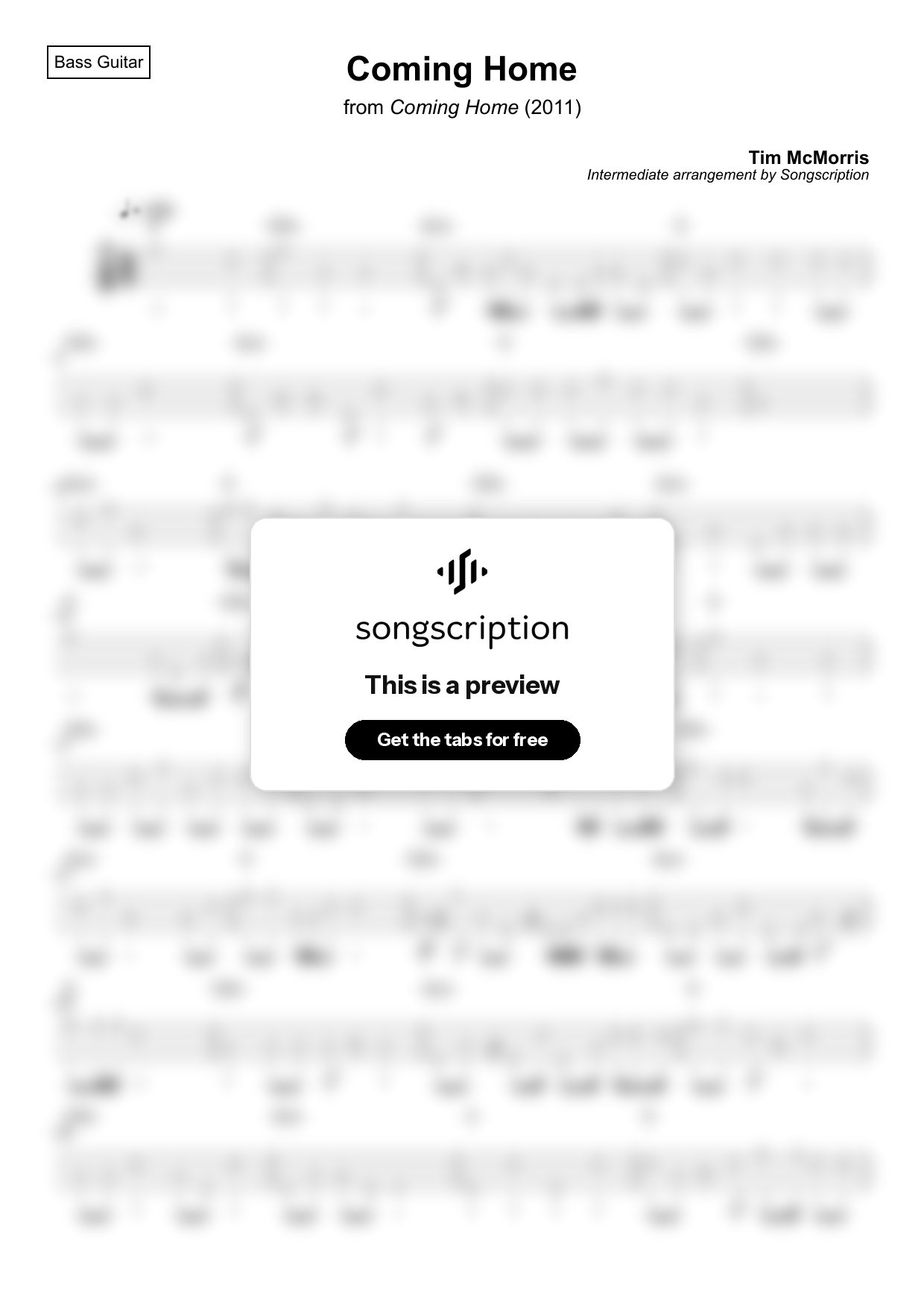 Intermediate Bass Guitar Tabs for "Coming Home" by Tim McMorris
