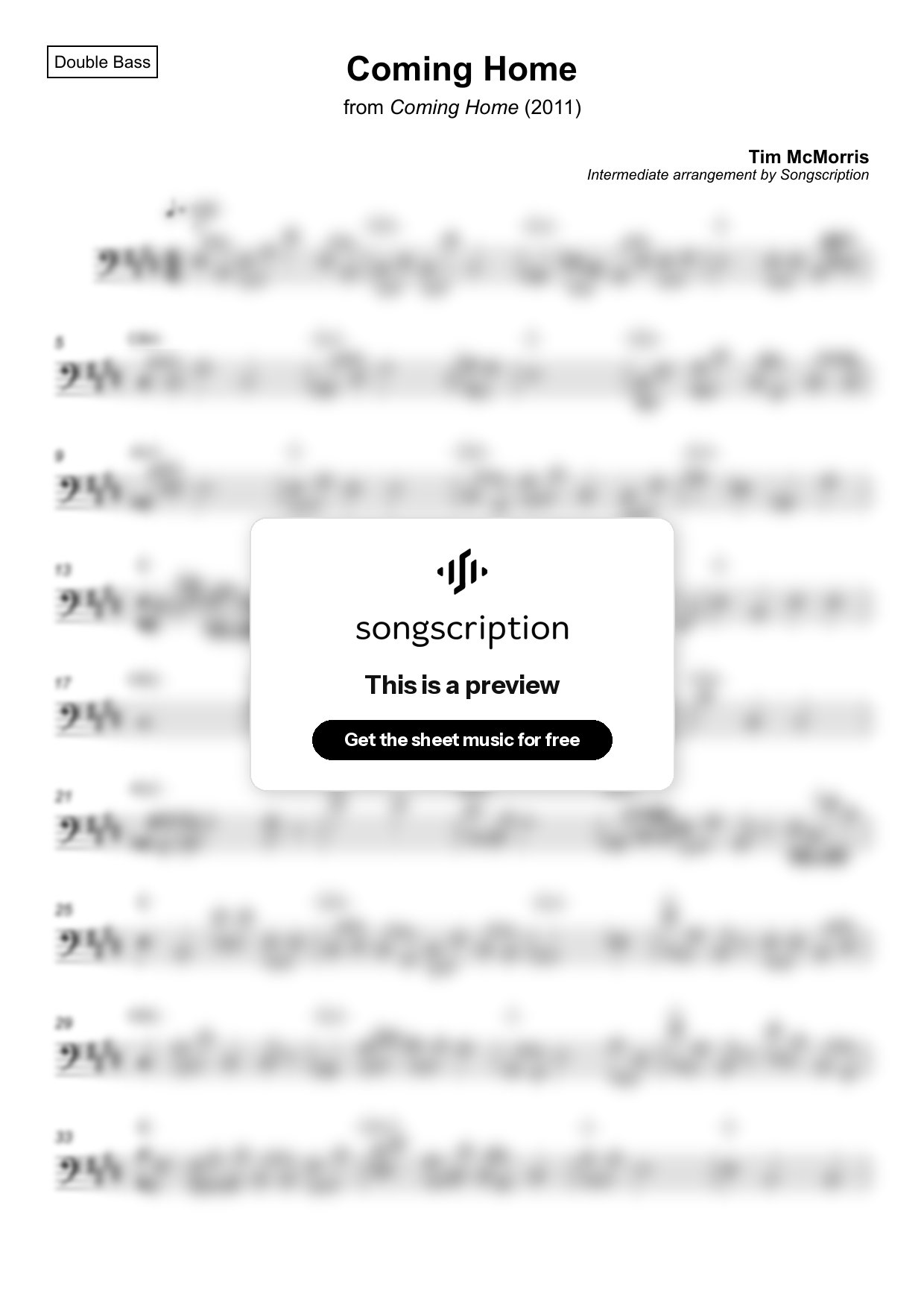 Intermediate Double Bass Sheet Music for "Coming Home" by Tim McMorris
