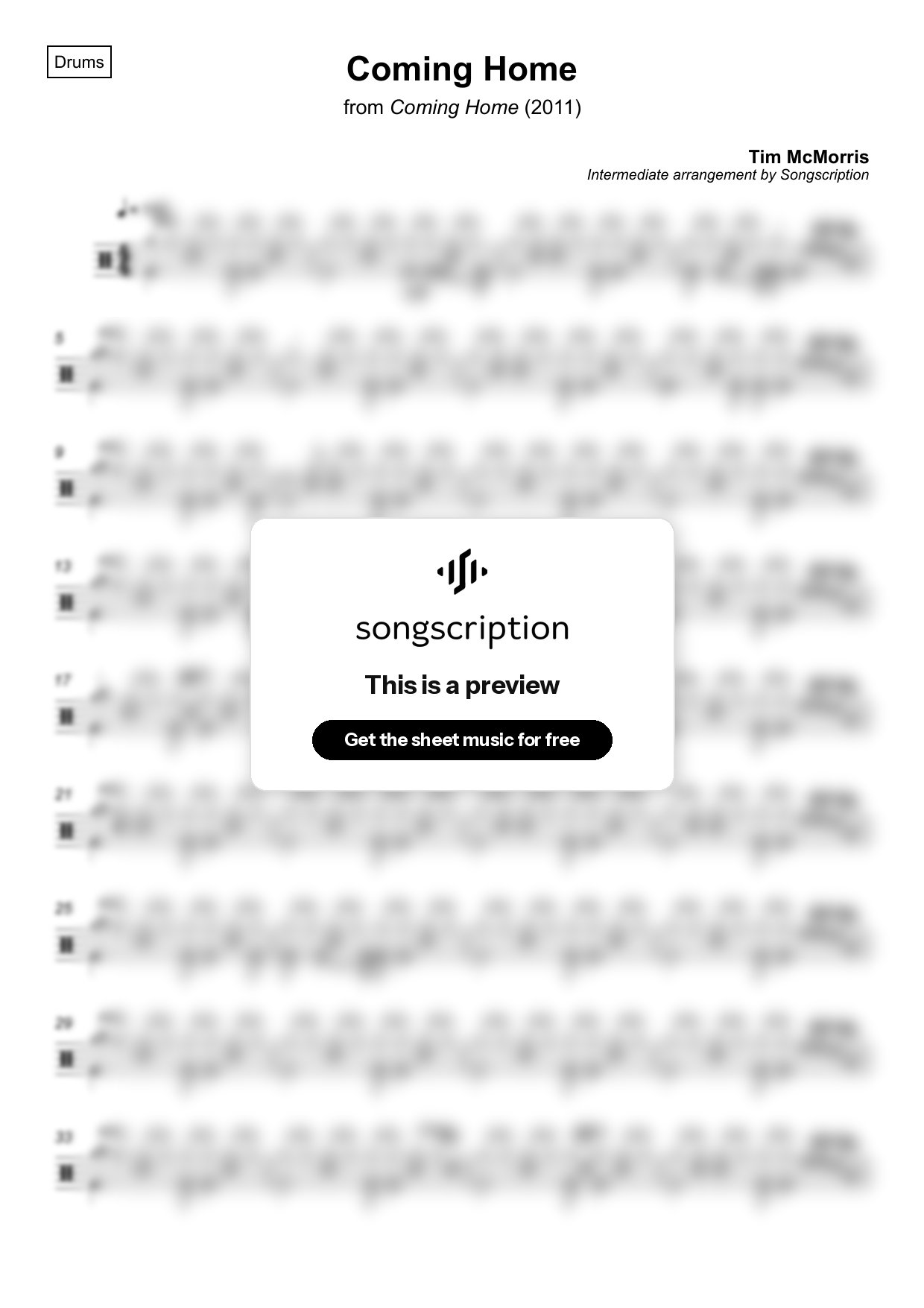 Intermediate Drums Sheet Music for "Coming Home" by Tim McMorris