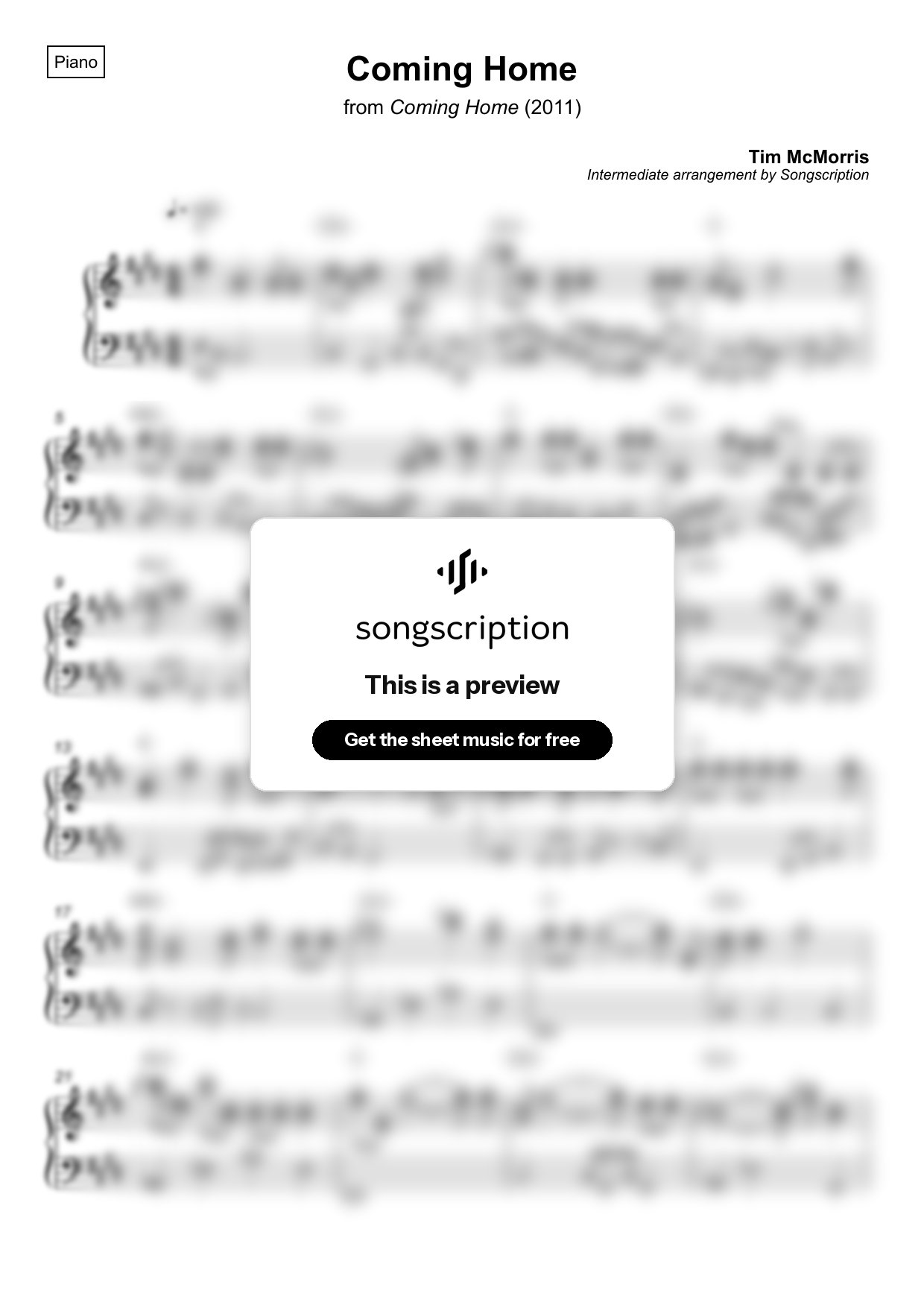 Intermediate Piano Sheet Music for "Coming Home" by Tim McMorris