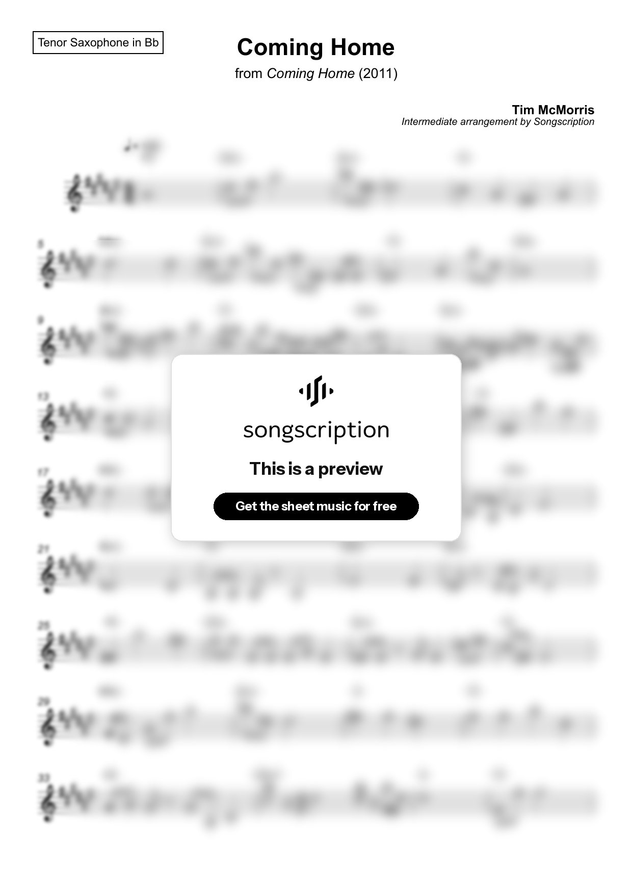 Intermediate Tenor Sax Sheet Music for "Coming Home" by Tim McMorris