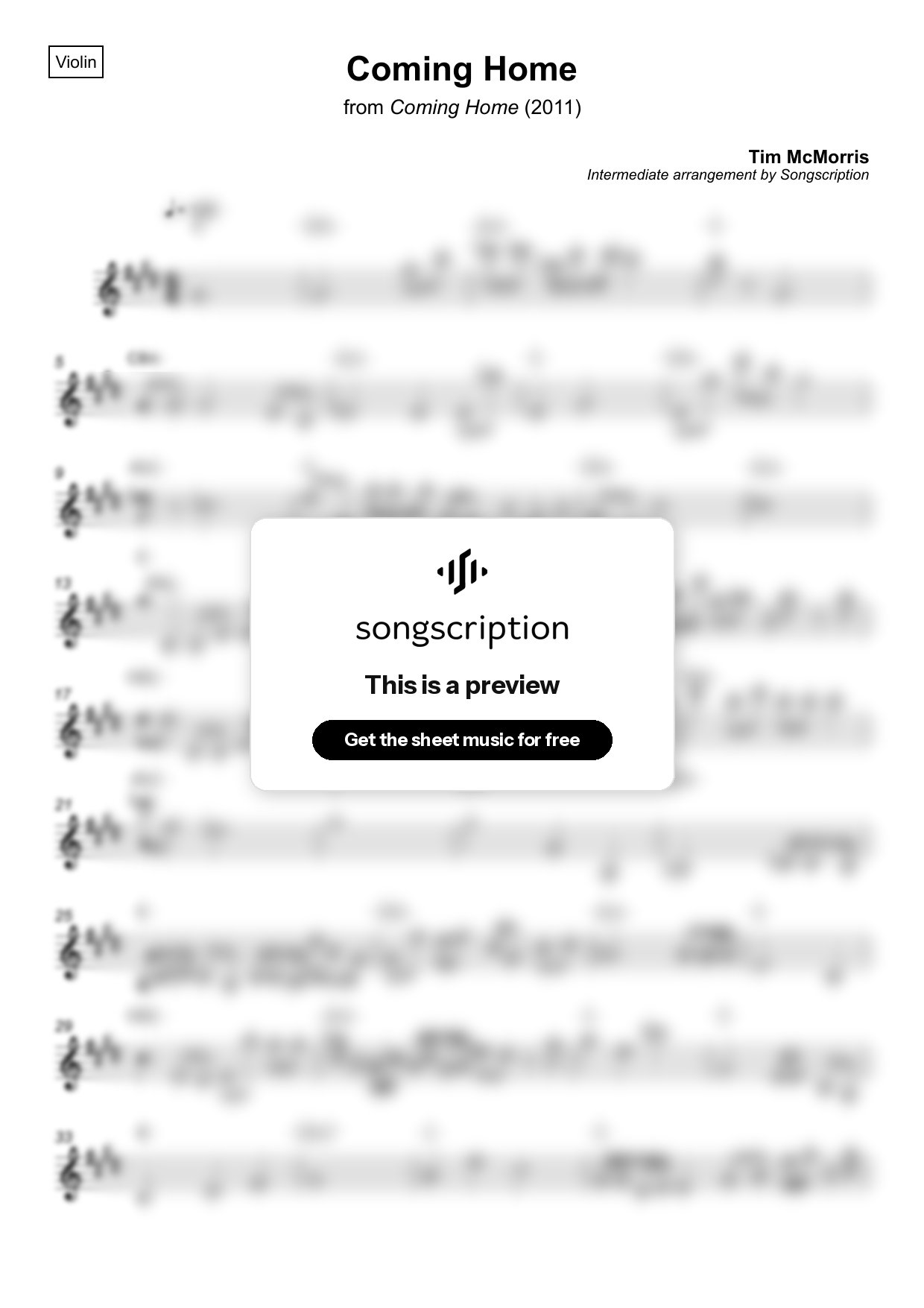 Intermediate Violin Sheet Music for "Coming Home" by Tim McMorris