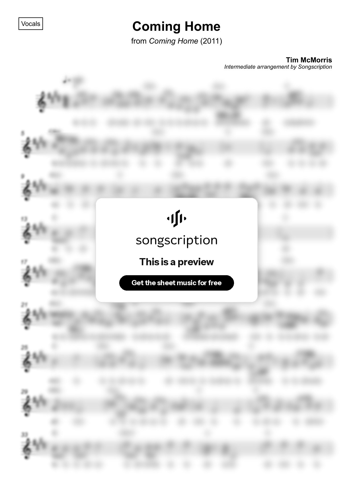 Intermediate Vocals Sheet Music for "Coming Home" by Tim McMorris