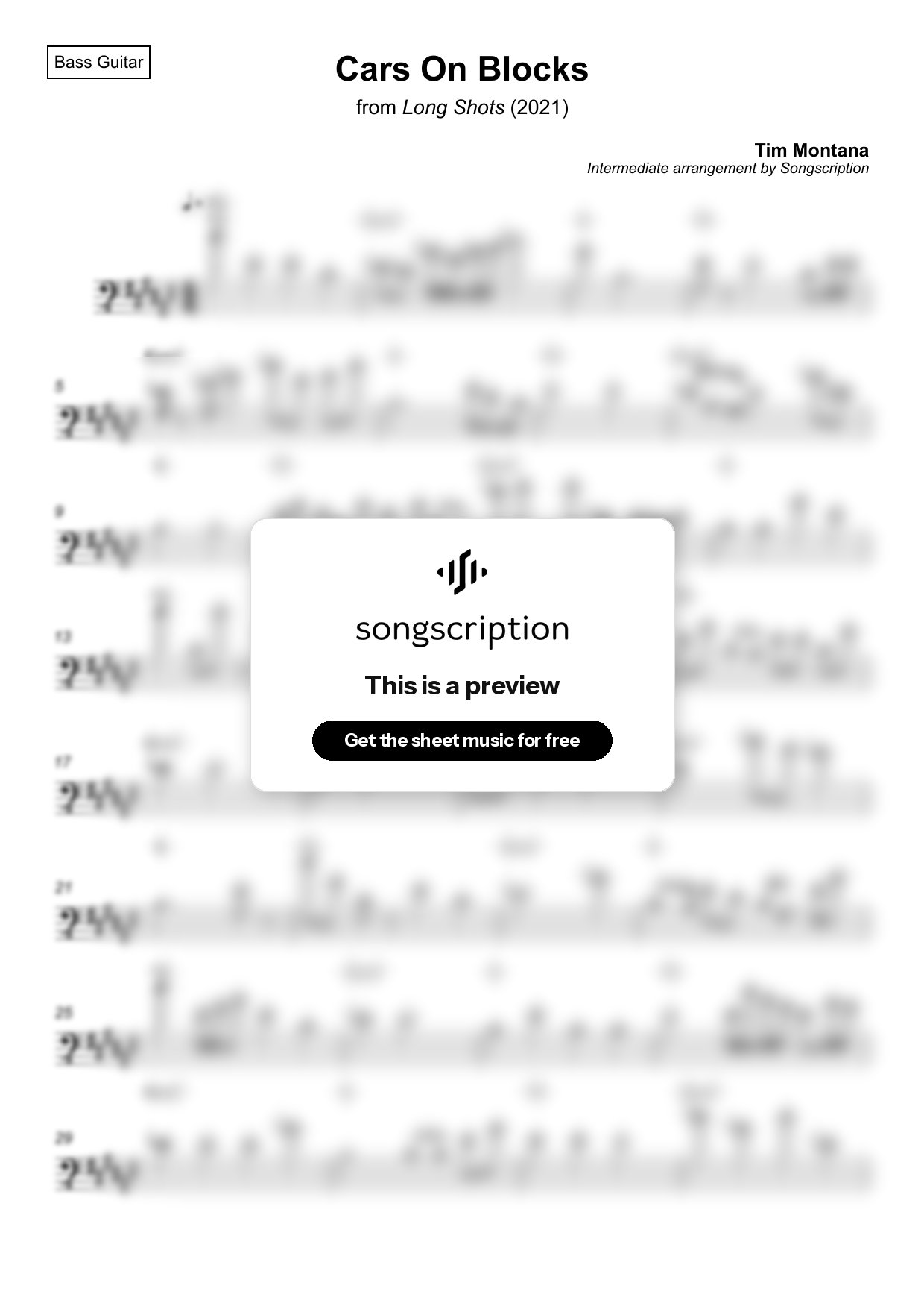 Intermediate Bass Guitar Sheet Music for "Cars On Blocks" by Tim Montana