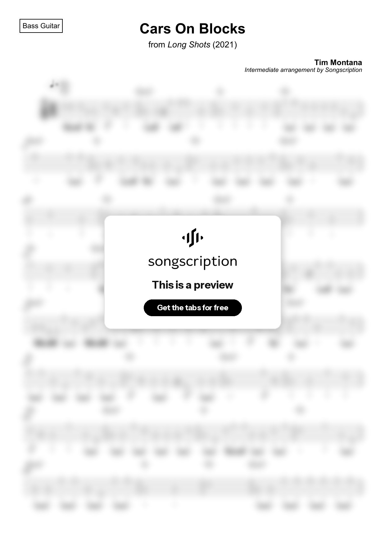 Intermediate Bass Guitar Tabs for "Cars On Blocks" by Tim Montana
