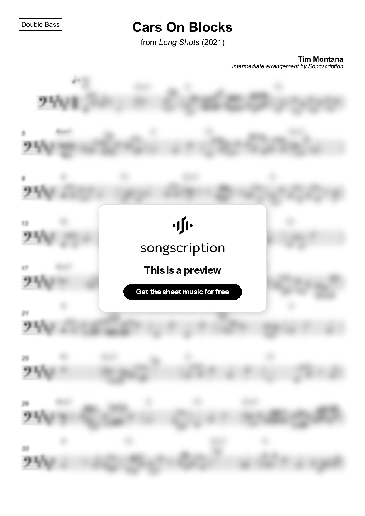 Intermediate Double Bass Sheet Music for "Cars On Blocks" by Tim Montana