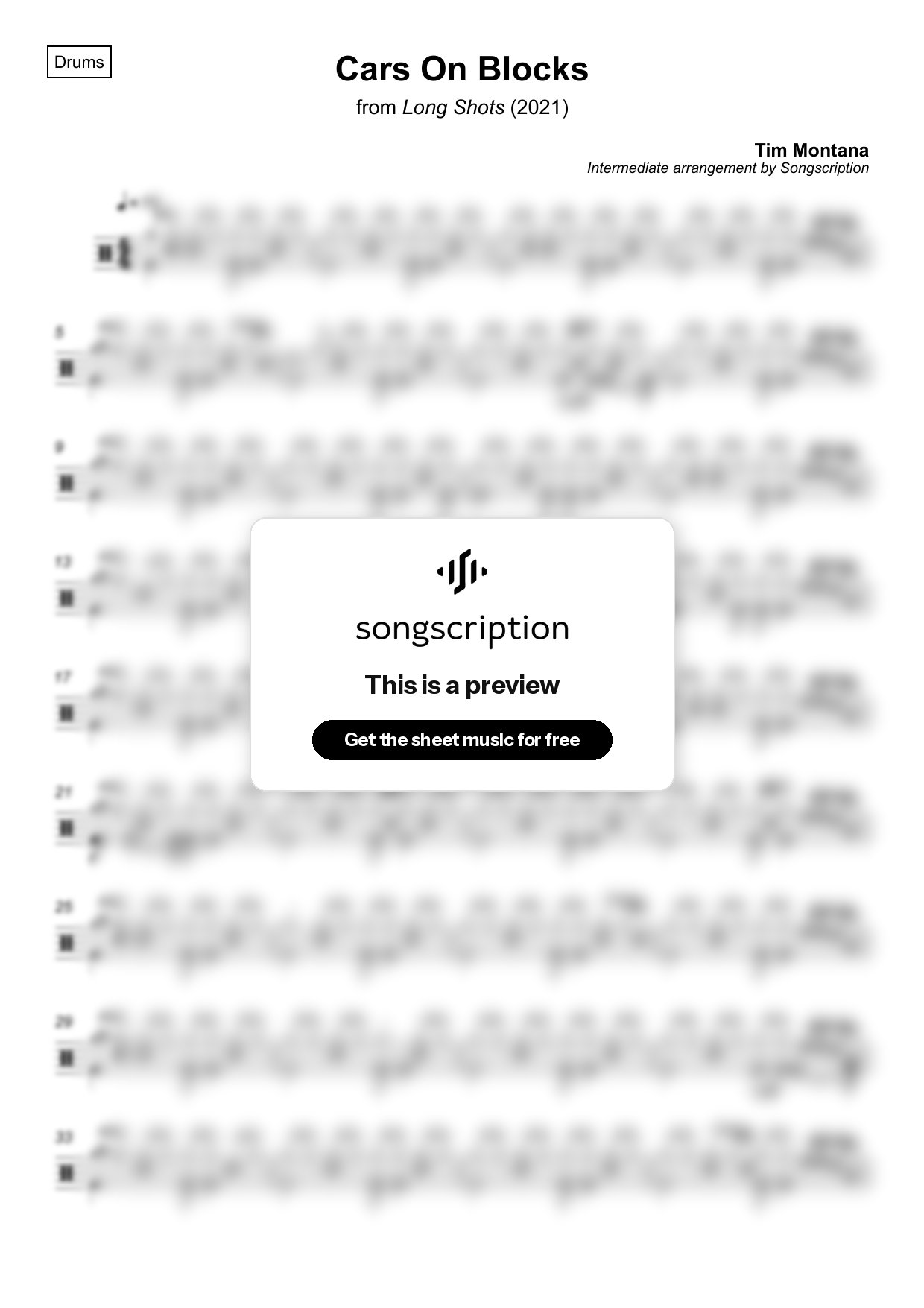 Intermediate Drums Sheet Music for "Cars On Blocks" by Tim Montana