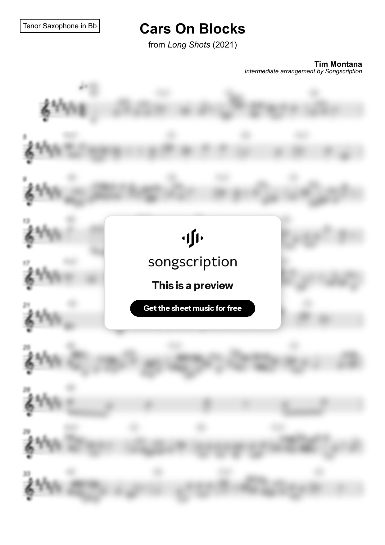 Intermediate Tenor Sax Sheet Music for "Cars On Blocks" by Tim Montana