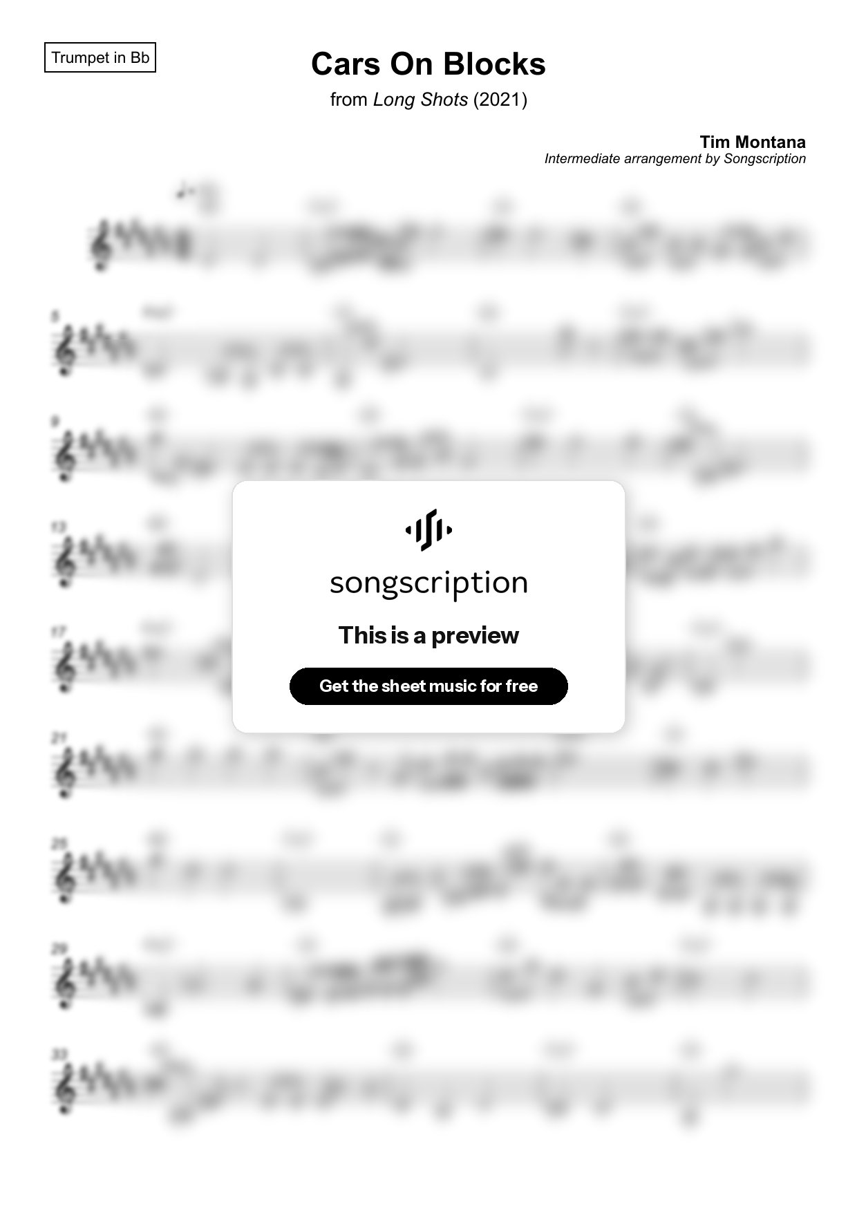 Intermediate Trumpet Sheet Music for "Cars On Blocks" by Tim Montana