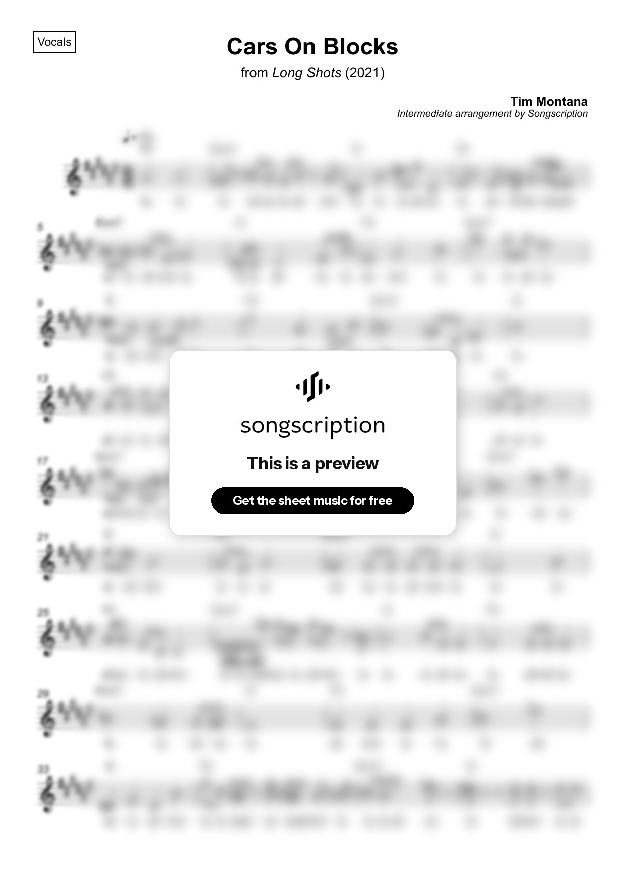 Intermediate Vocals Sheet Music for "Cars On Blocks" by Tim Montana