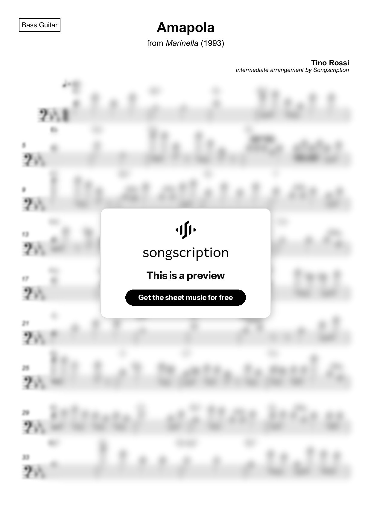 Intermediate Bass Guitar Sheet Music for "Amapola" by Tino Rossi