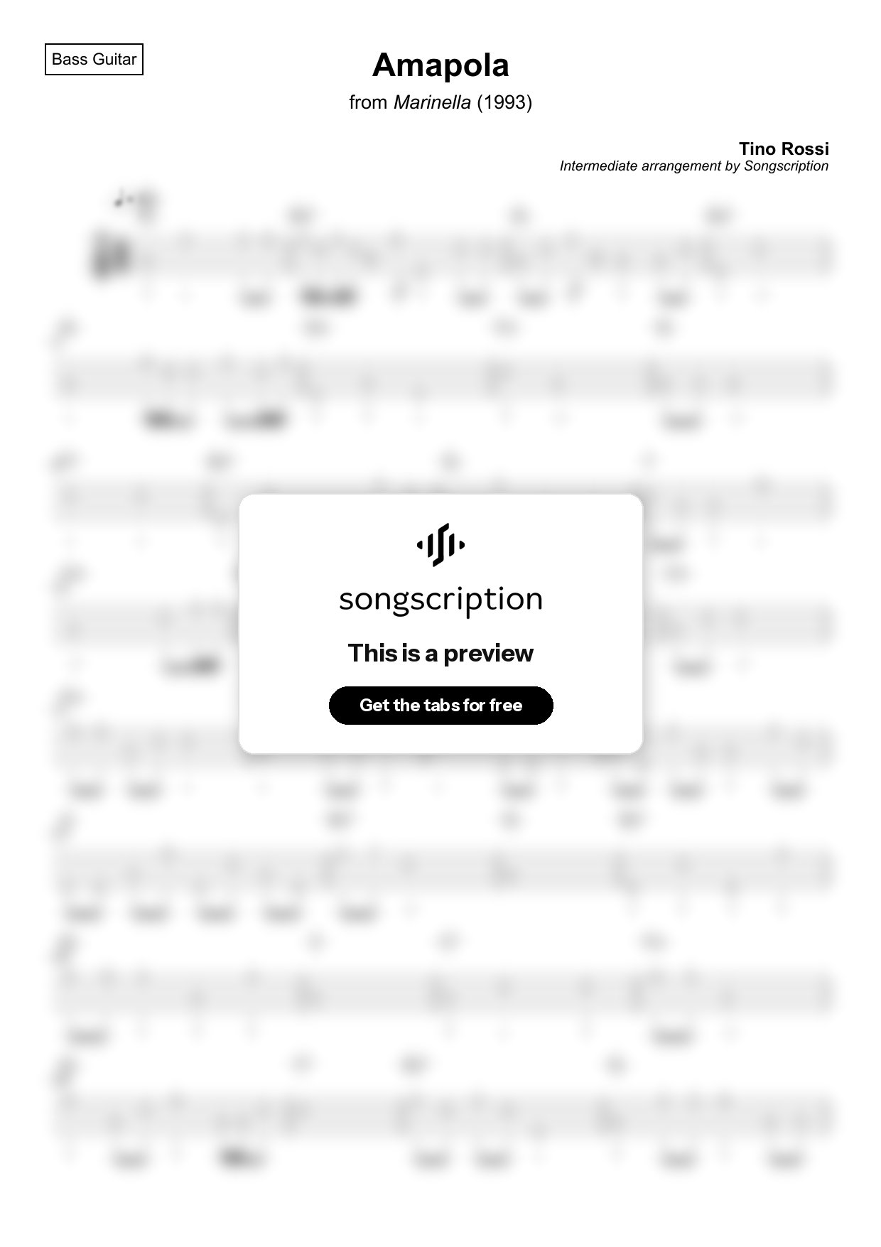 Intermediate Bass Guitar Tabs for "Amapola" by Tino Rossi