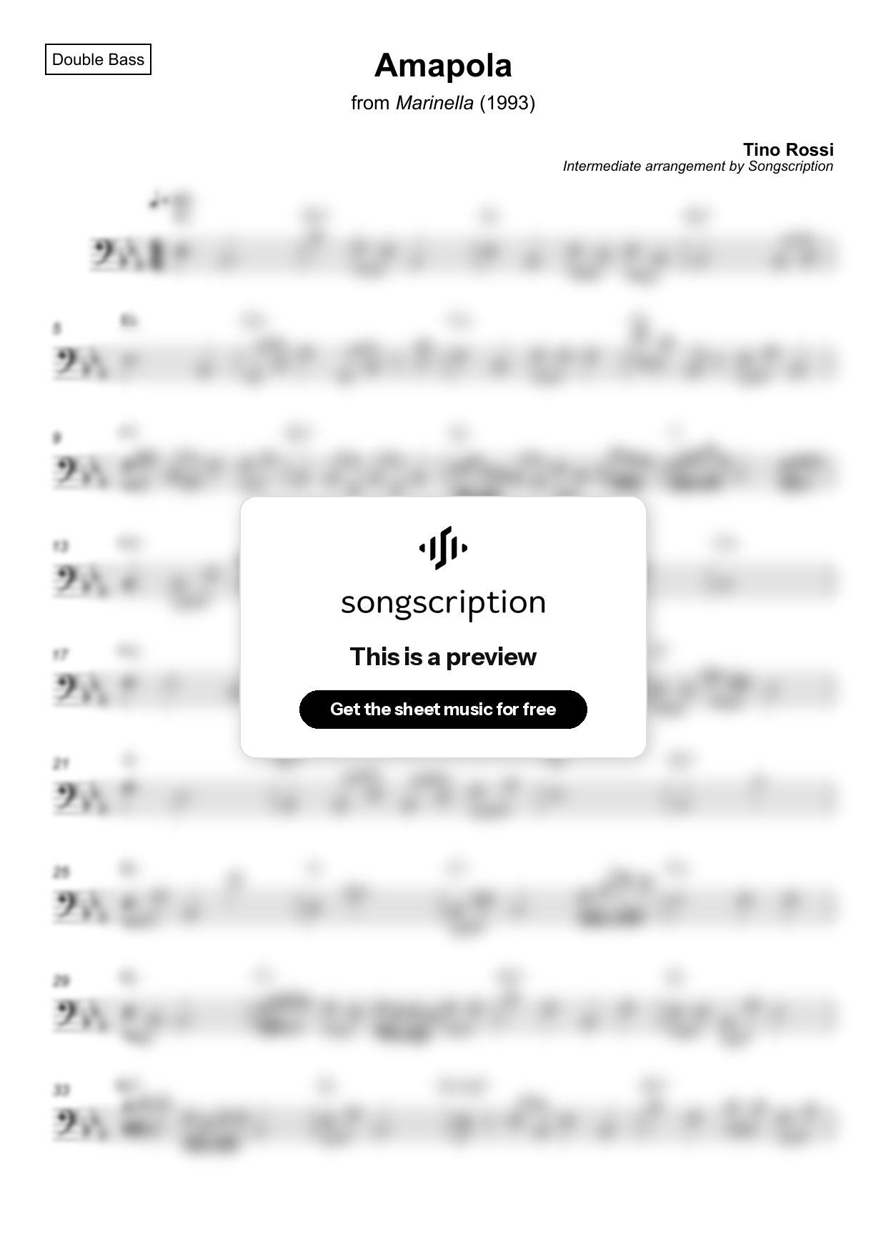 Intermediate Double Bass Sheet Music for "Amapola" by Tino Rossi