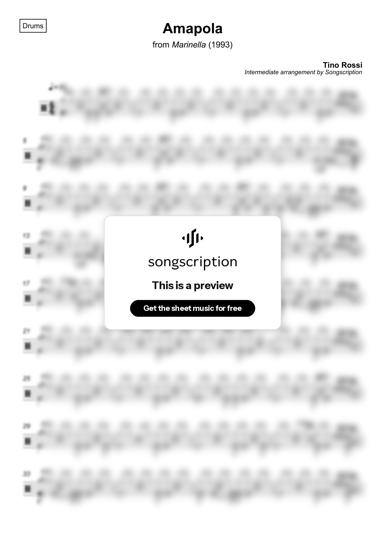 Intermediate Drums Sheet Music for "Amapola" by Tino Rossi